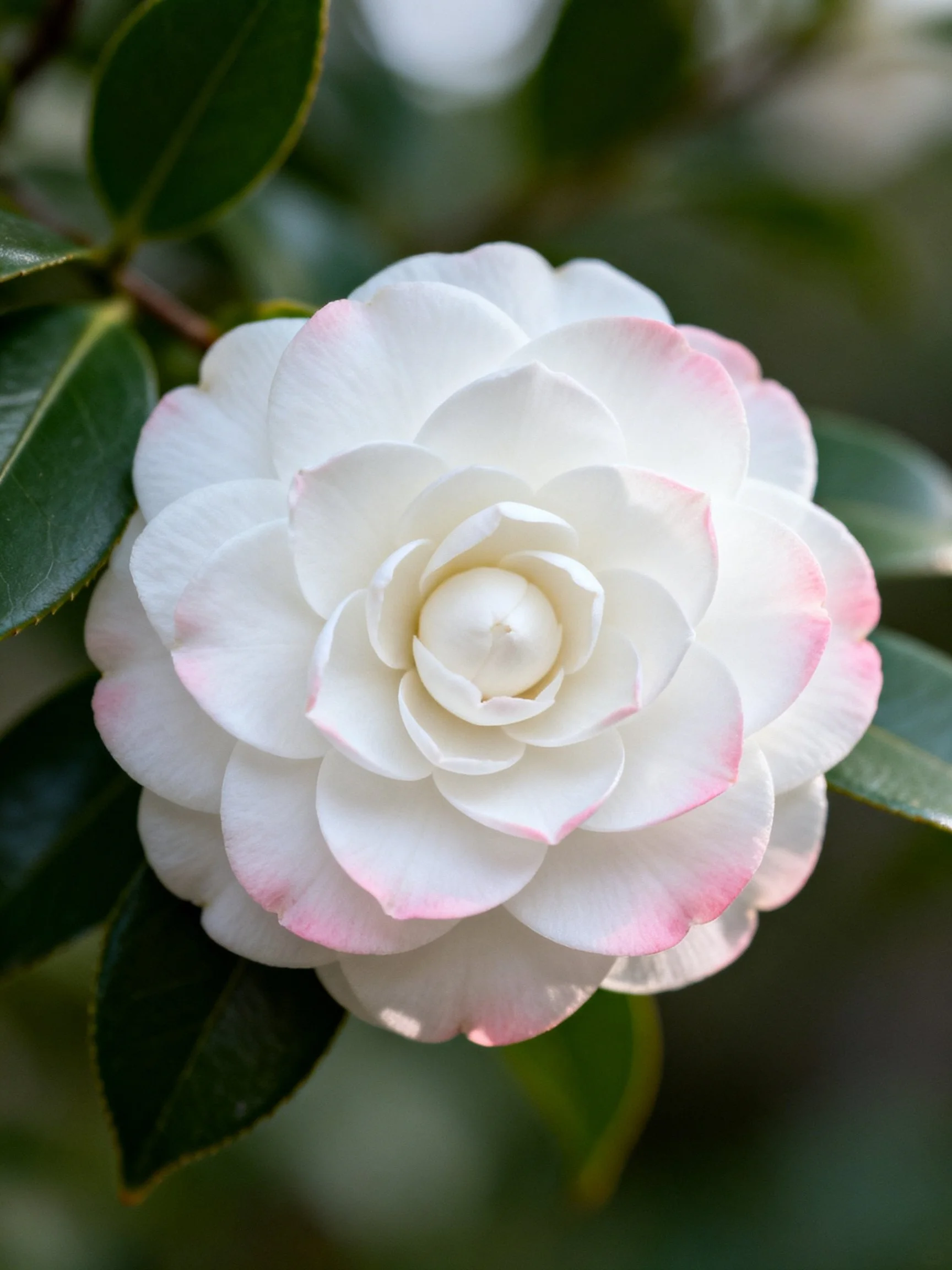 A white camellia with pink-tinted petals and dark green leaves
