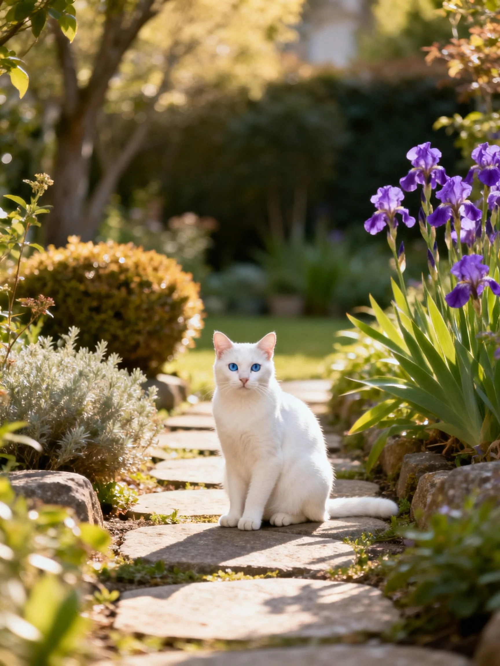 A white cat sits on a stone path near vibrant purple irises and greenery