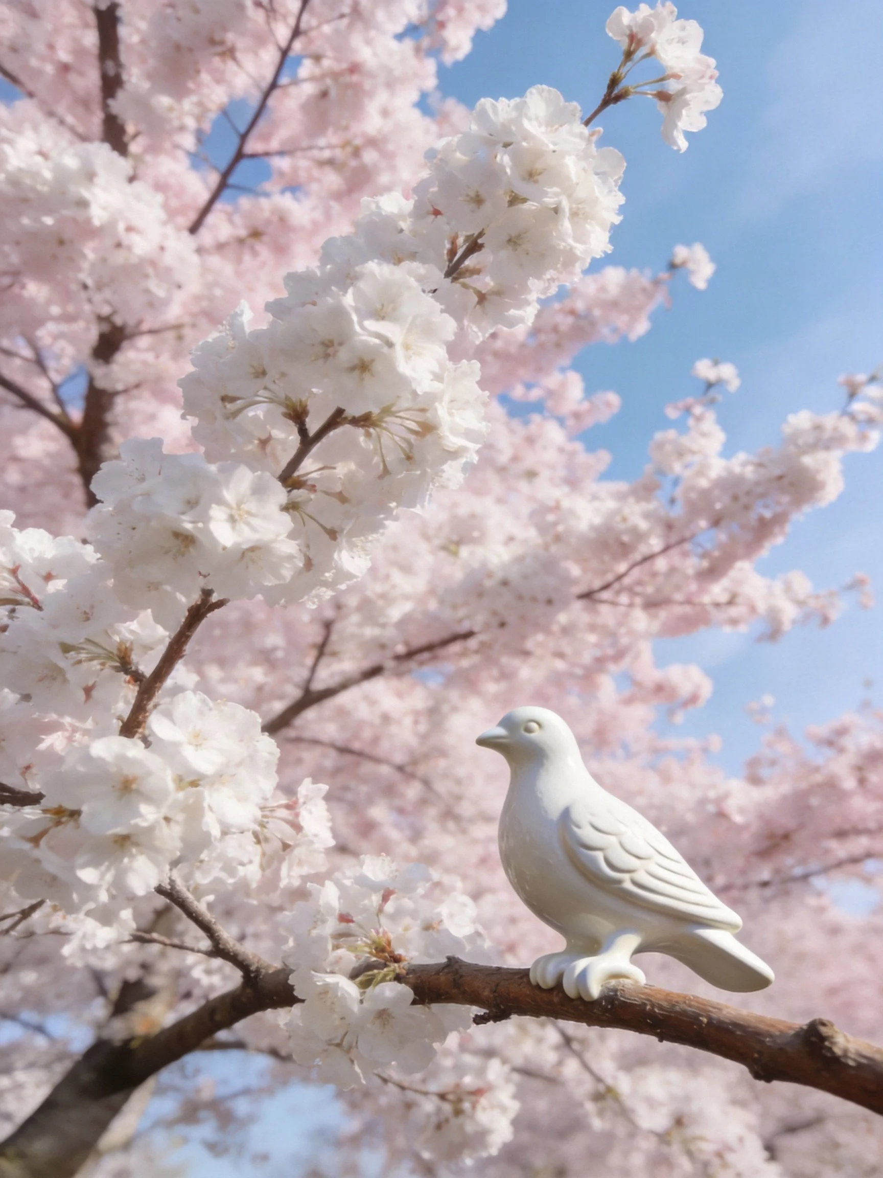 A white ceramic bird perches on pink cherry blossom branches amid a clear blue sky
