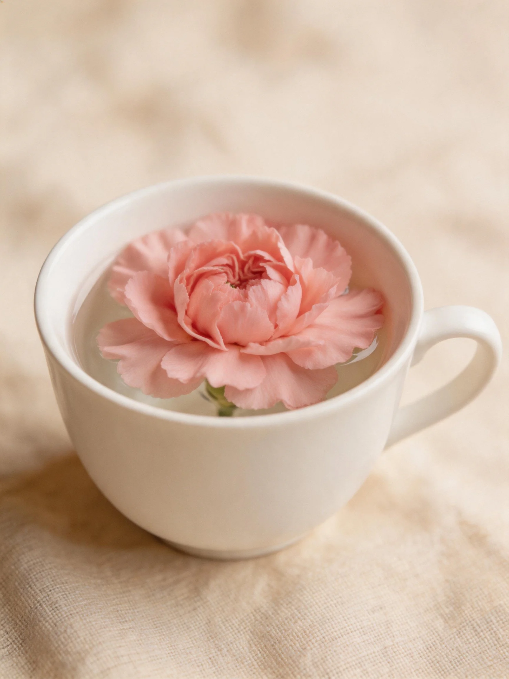 A white ceramic cup with a pink carnation floating in water