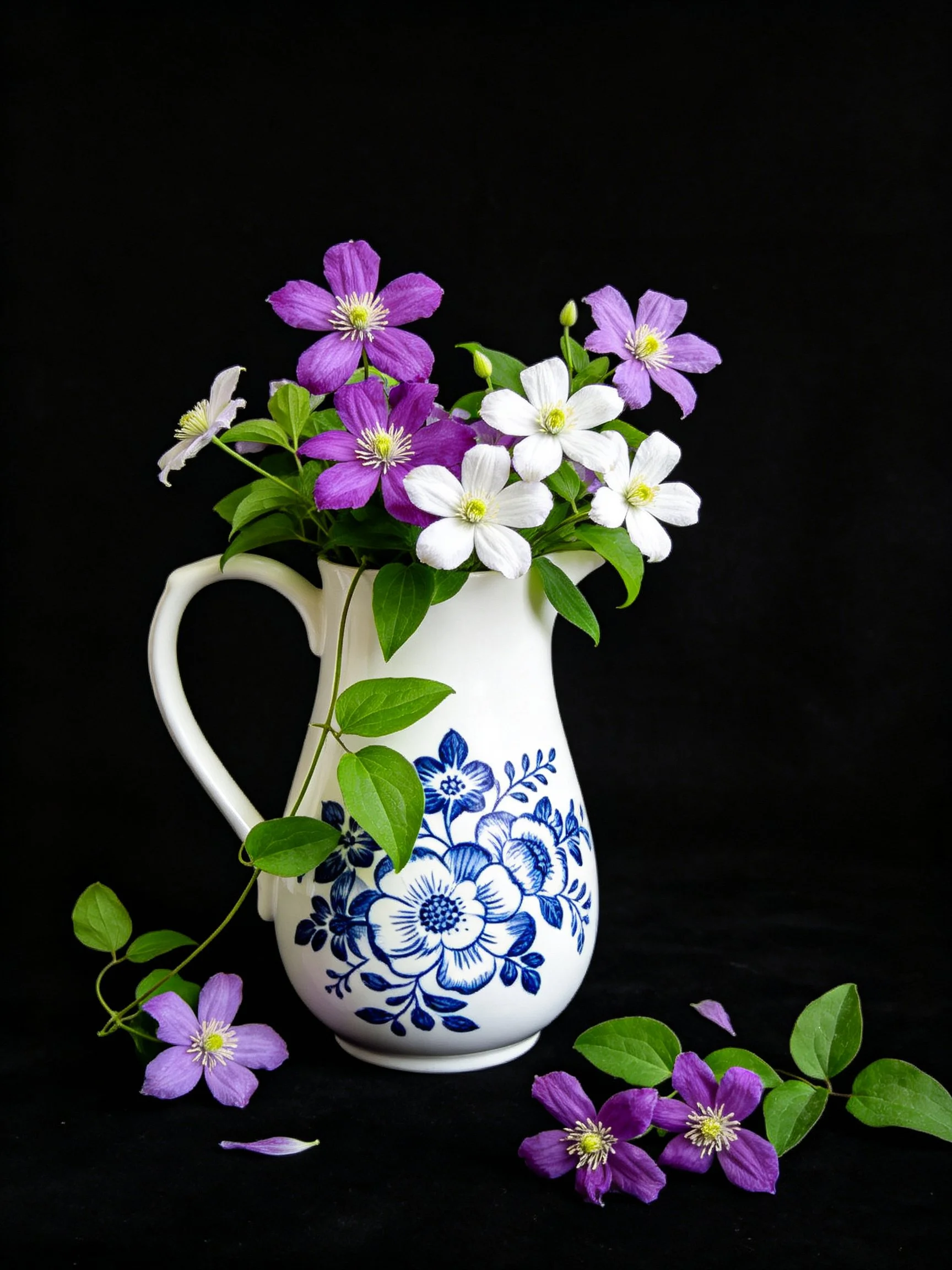 A white ceramic pitcher with blue floral patterns holds purple and white flowers