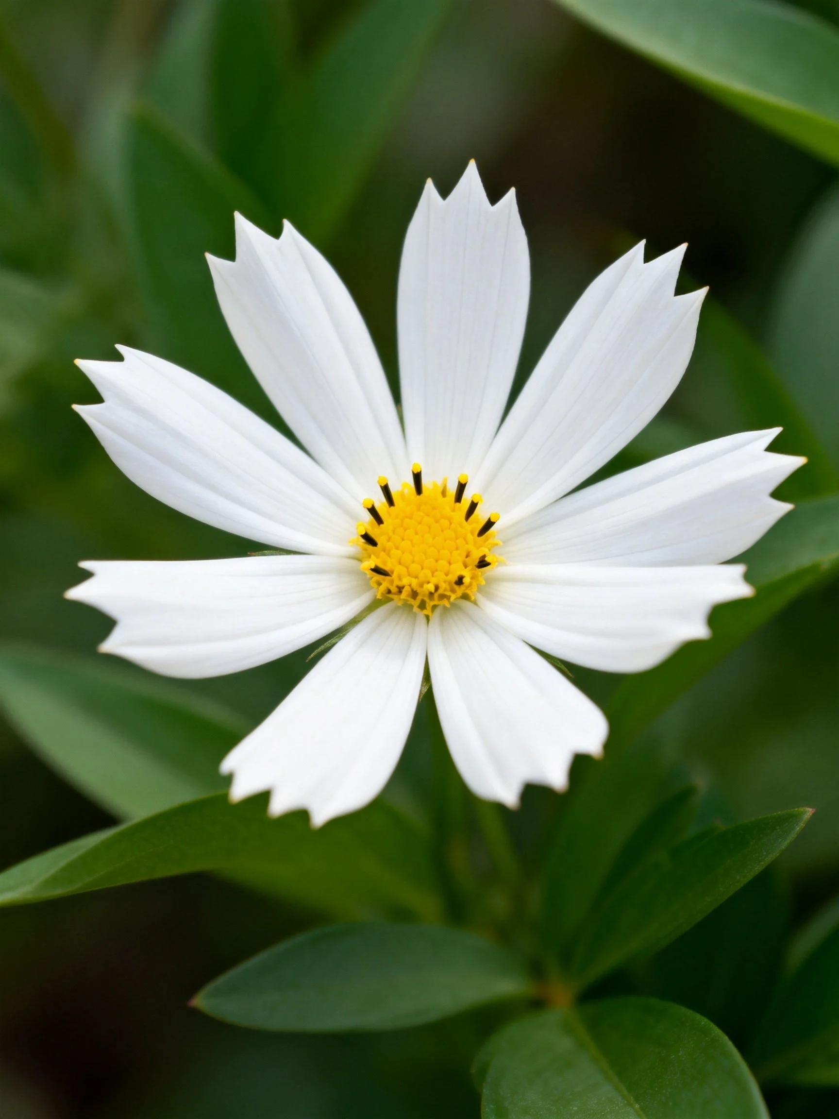A white cosmos flower with a bright yellow center
