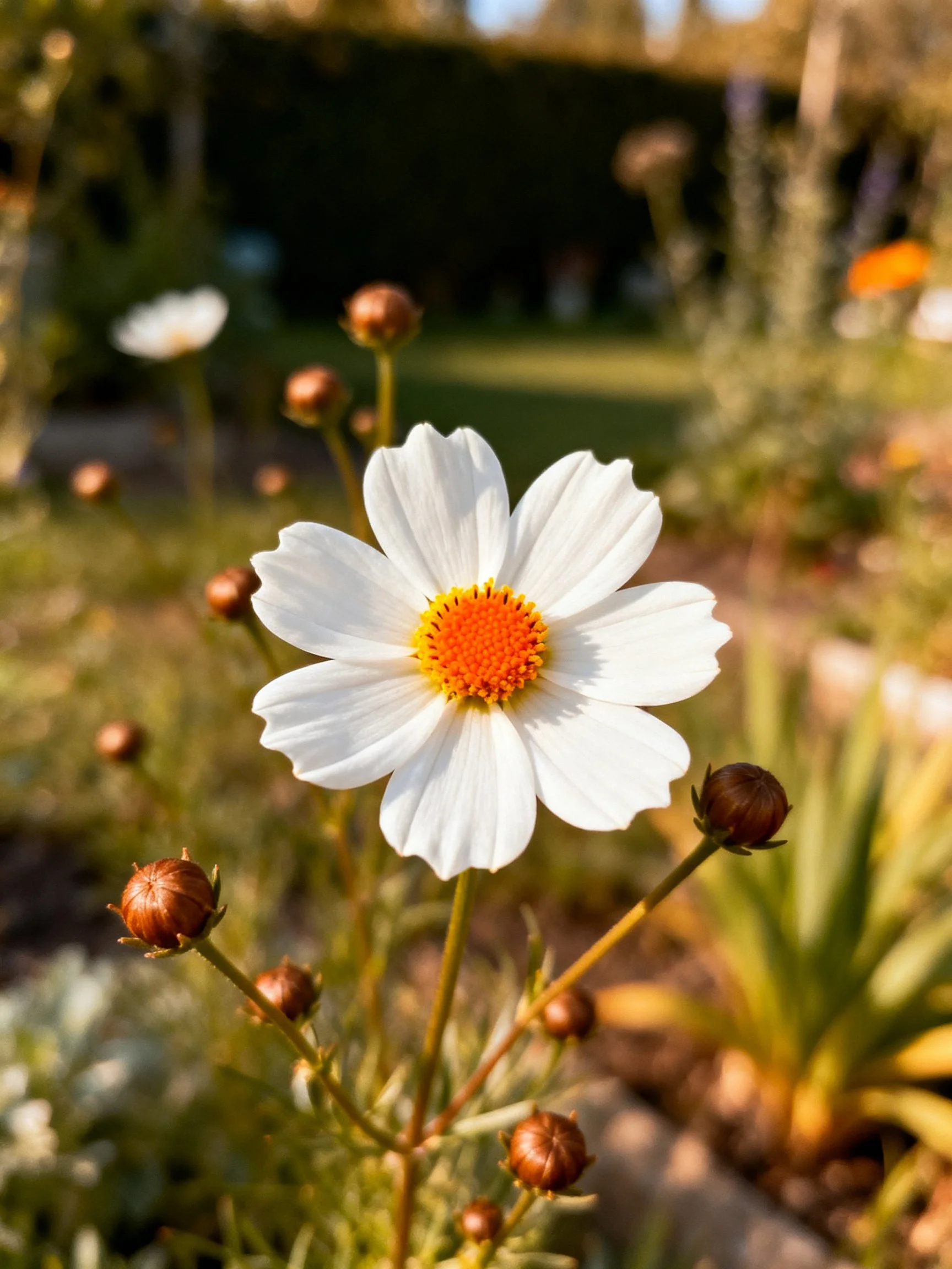 A white cosmos flower with orange center among brown buds in a garden