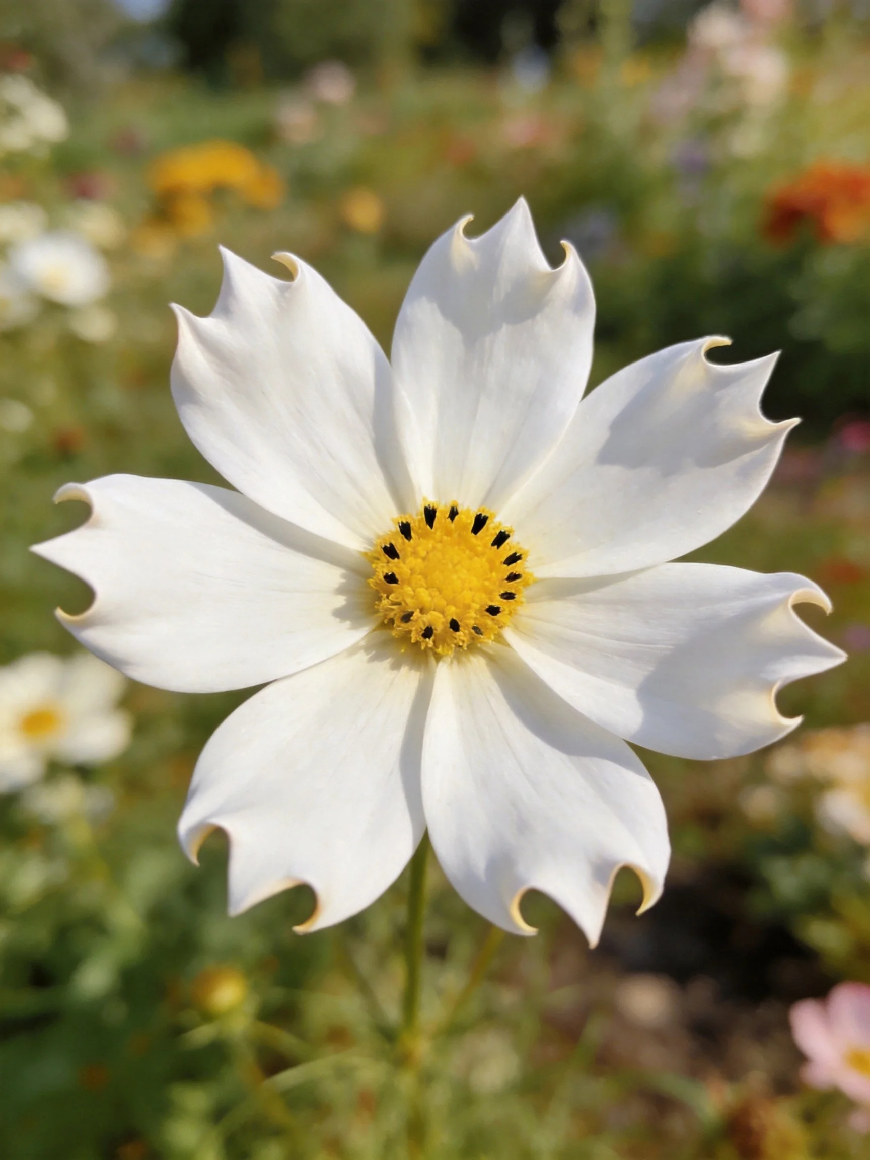 A white cosmos flower with serrated petals and yellow center