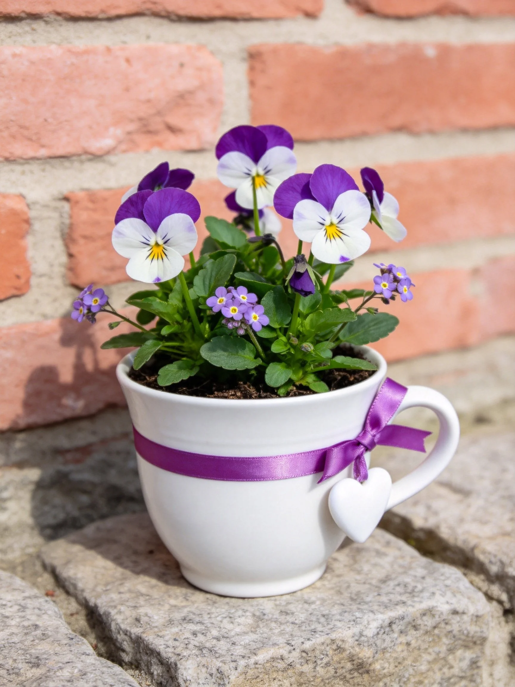 A white cup with purple ribbon holds vibrant pansies by a brick wall