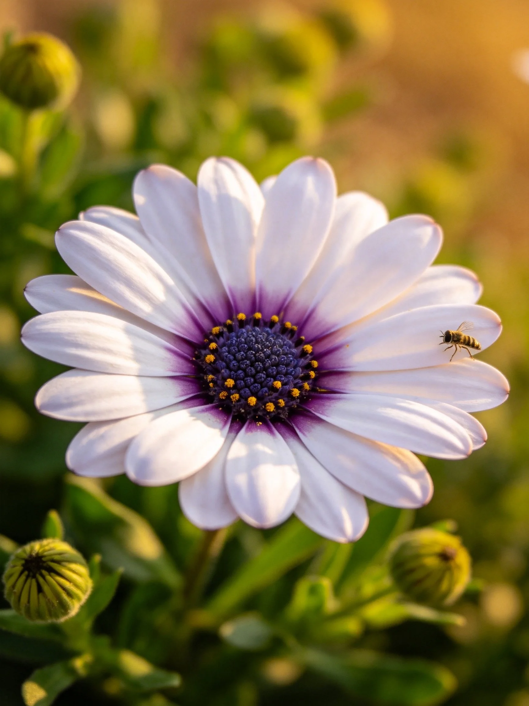 A white daisy with a purple center, bee, green buds, warm sunlight