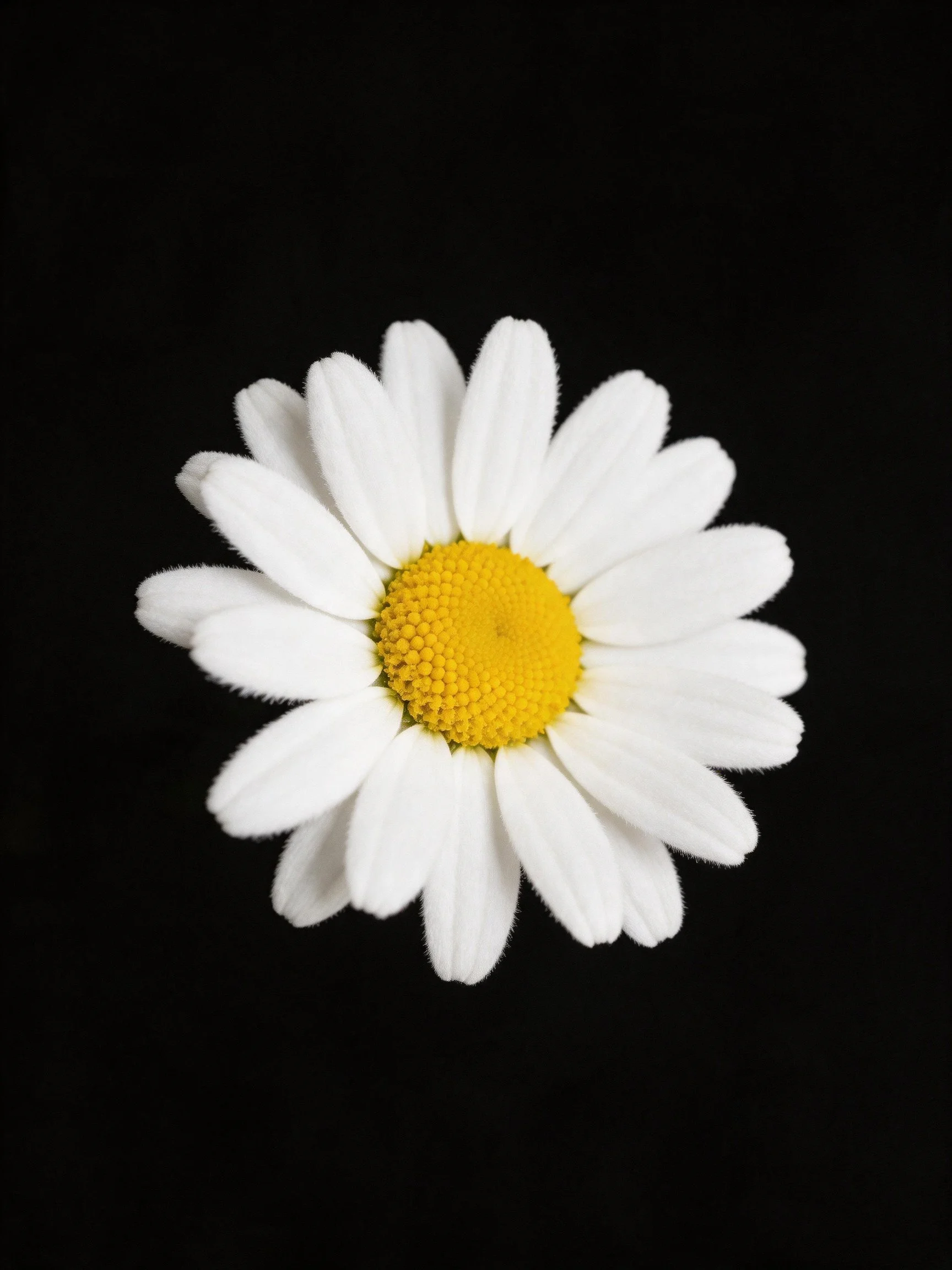 A white daisy with a vibrant yellow center on a black background