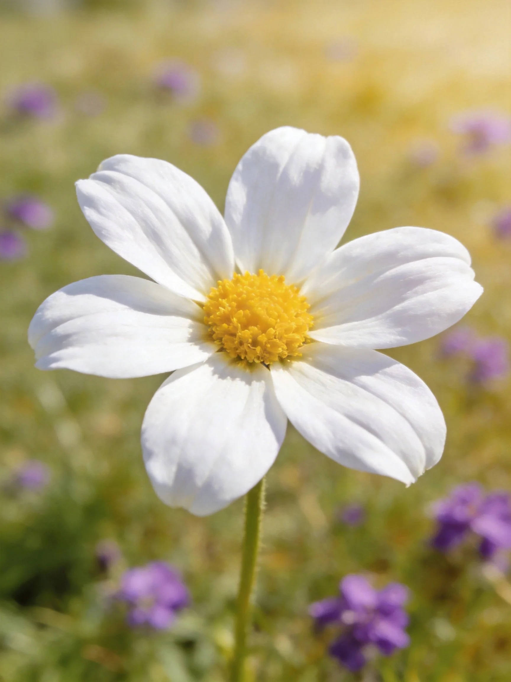 A white daisy with a yellow center amid purple flowers