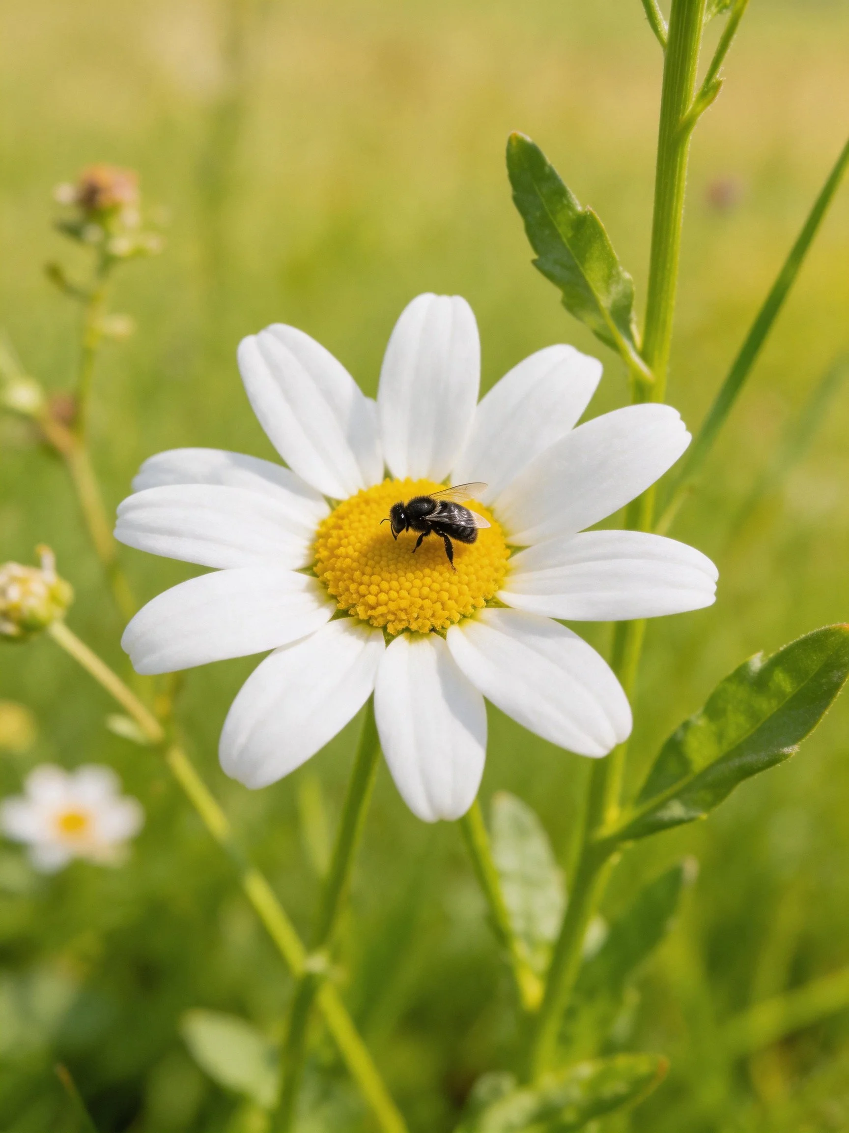 A white daisy with a yellow center, hosting a black bee, amid green foliage.
