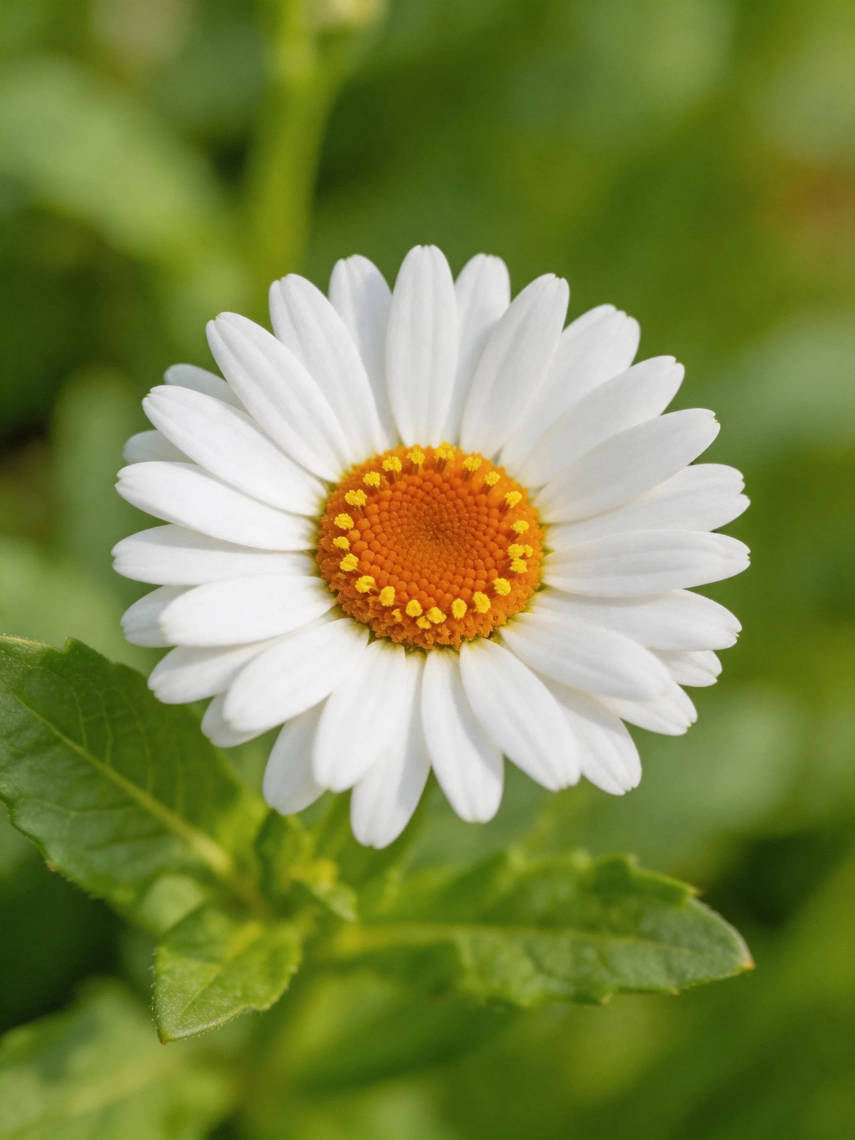 A white daisy with an orange center amid lush green leaves