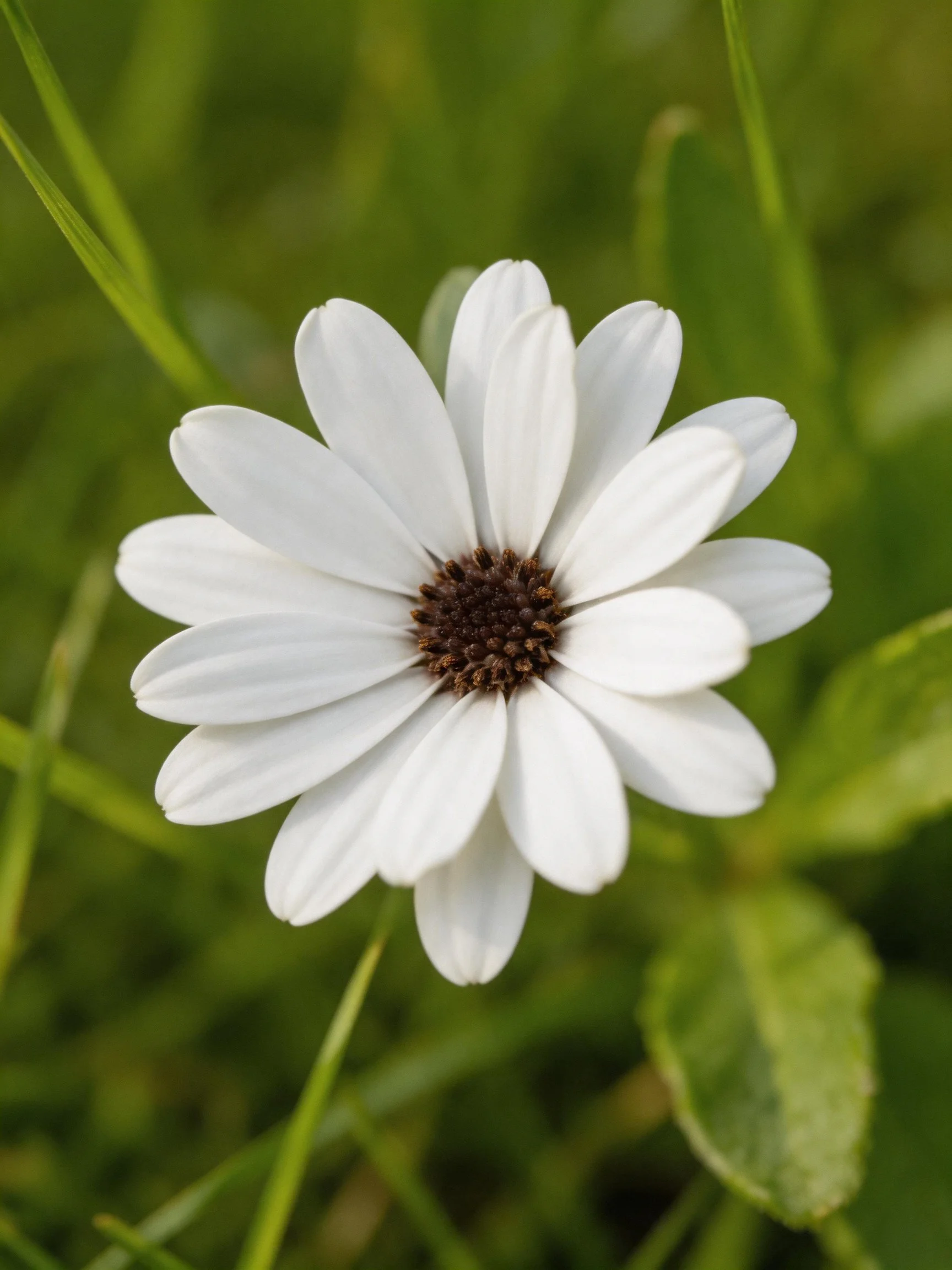 A white daisy with dark center amid green foliage