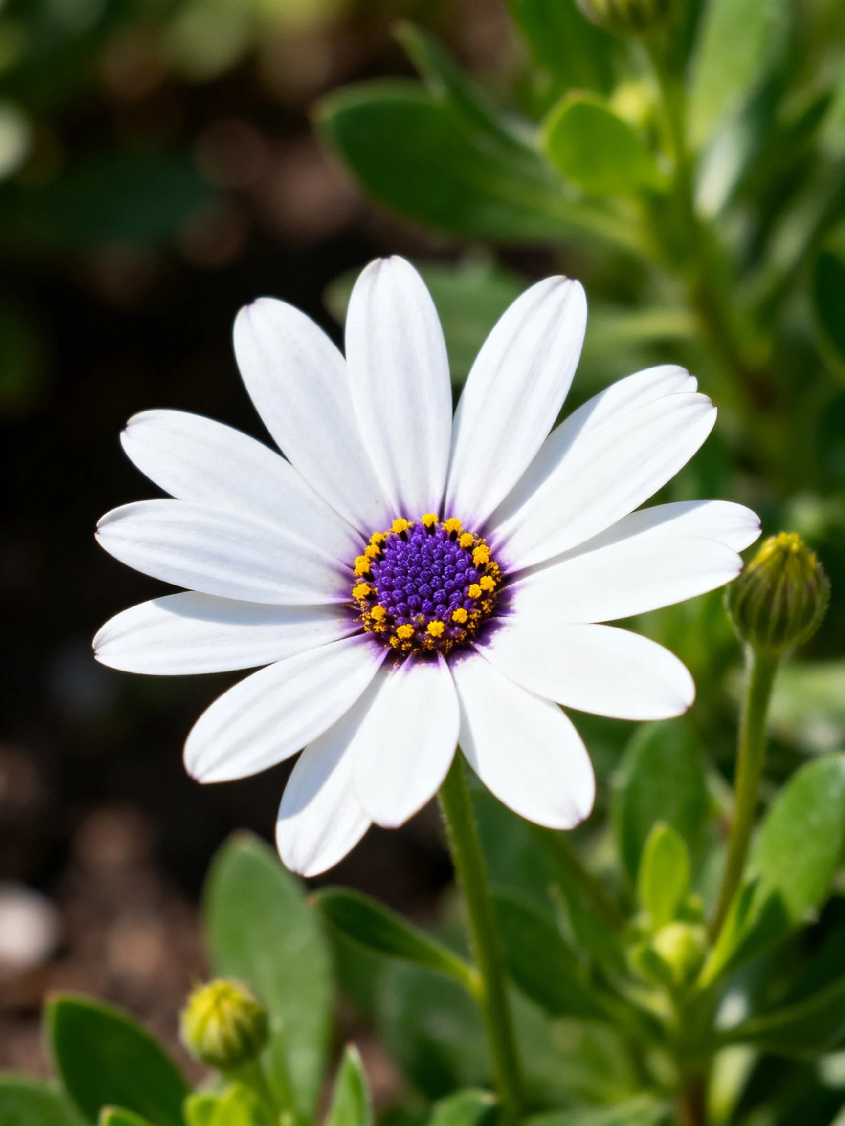 A white daisy with purple and yellow center