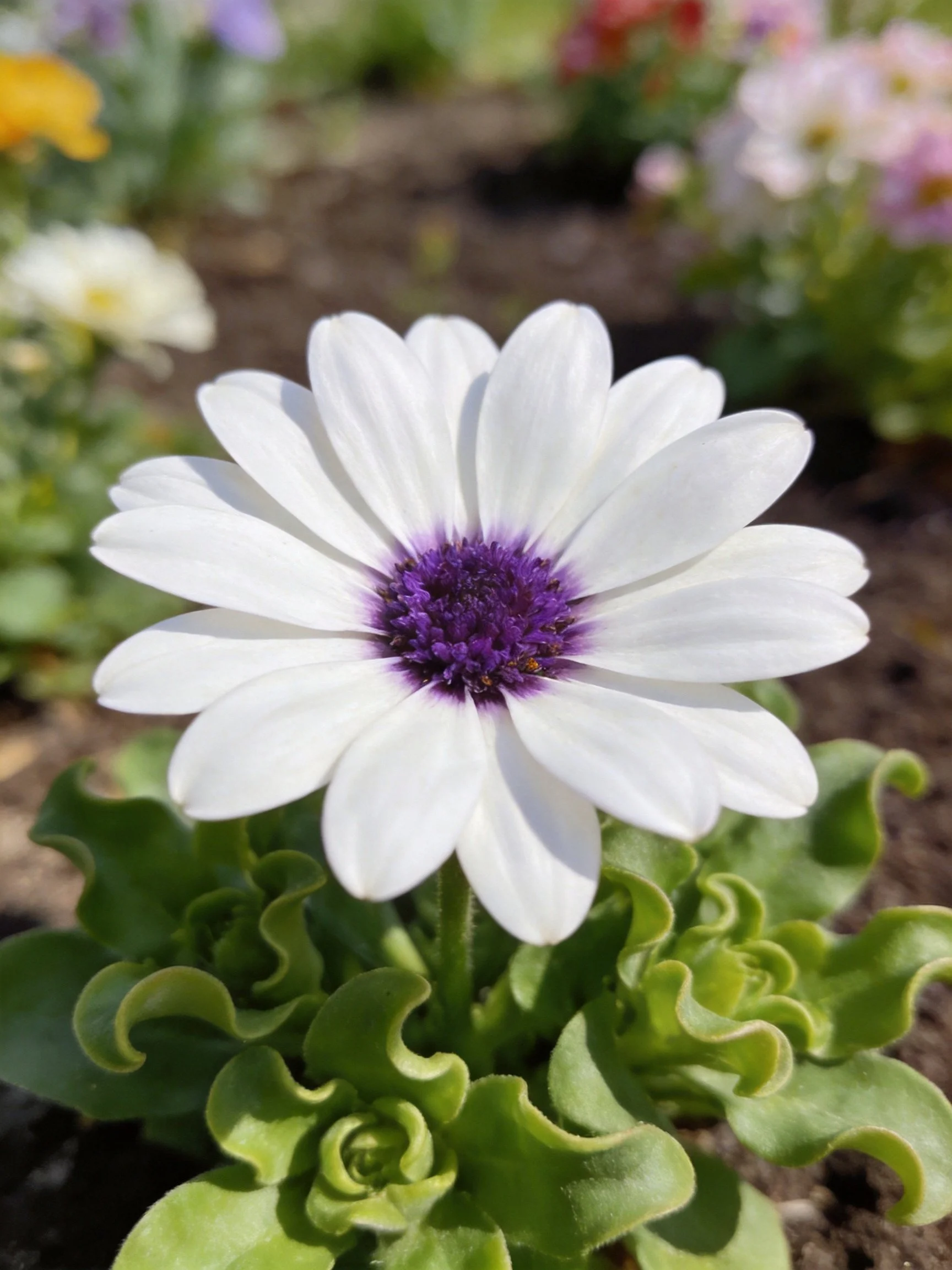 A white daisy with purple center amid green foliage in a garden