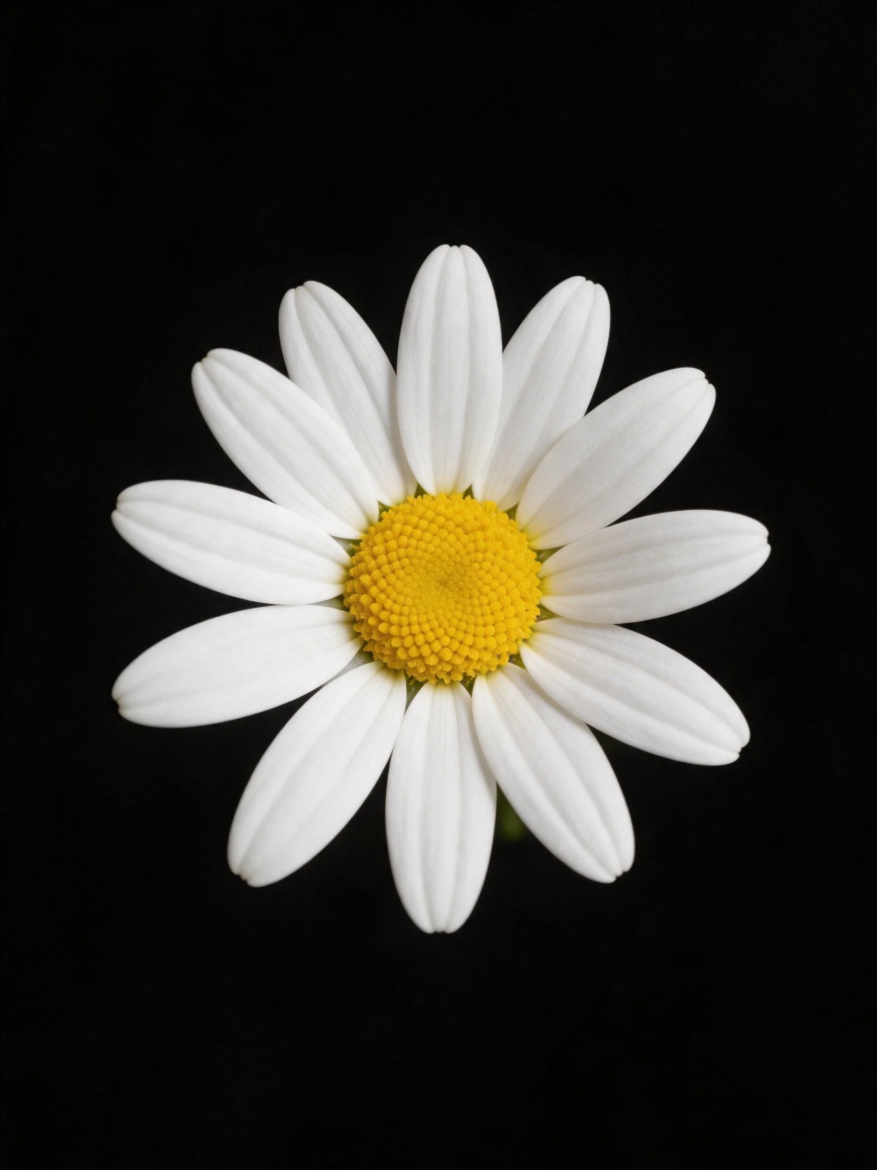 A white daisy with yellow center on black background