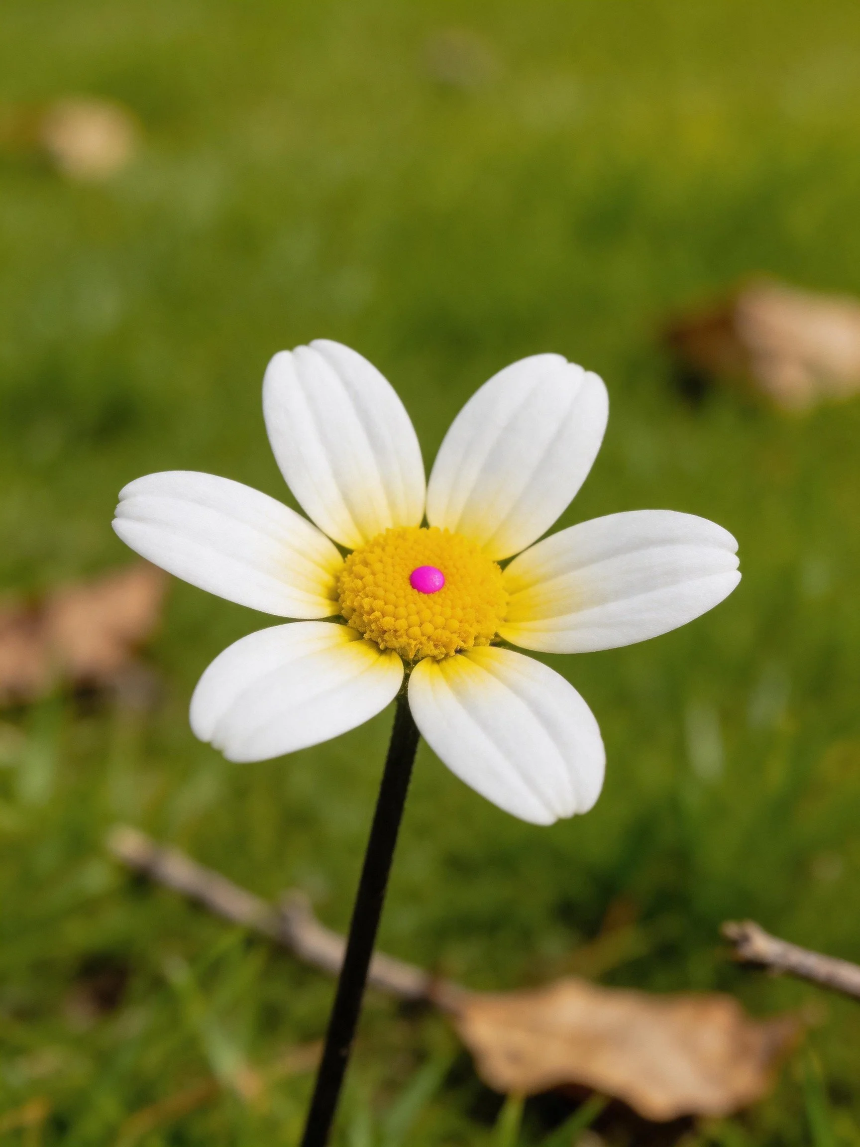 A white daisy with yellow center, pink dot, and black stem