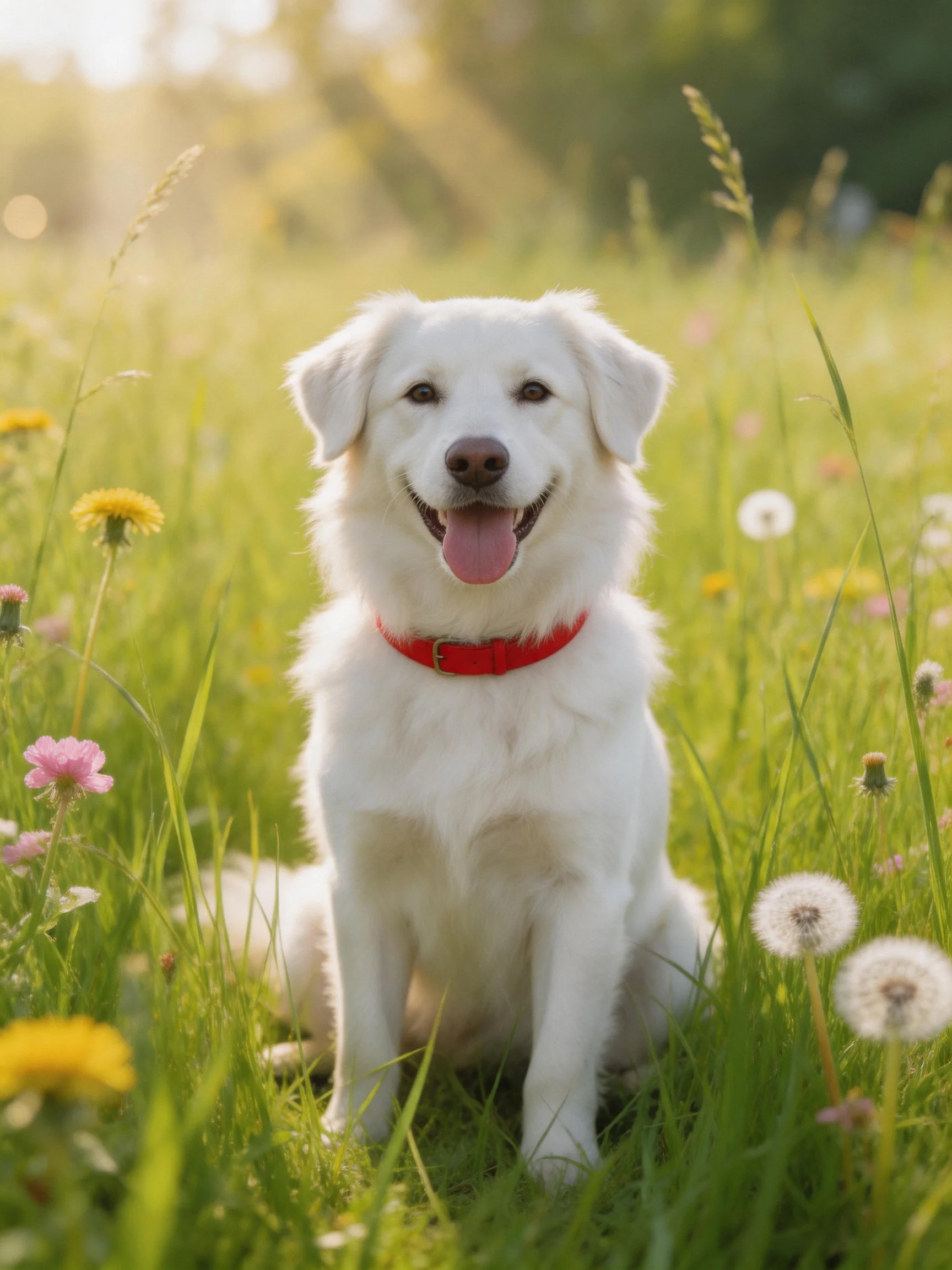 A white dog with red collar sitting in a flower-filled meadow
