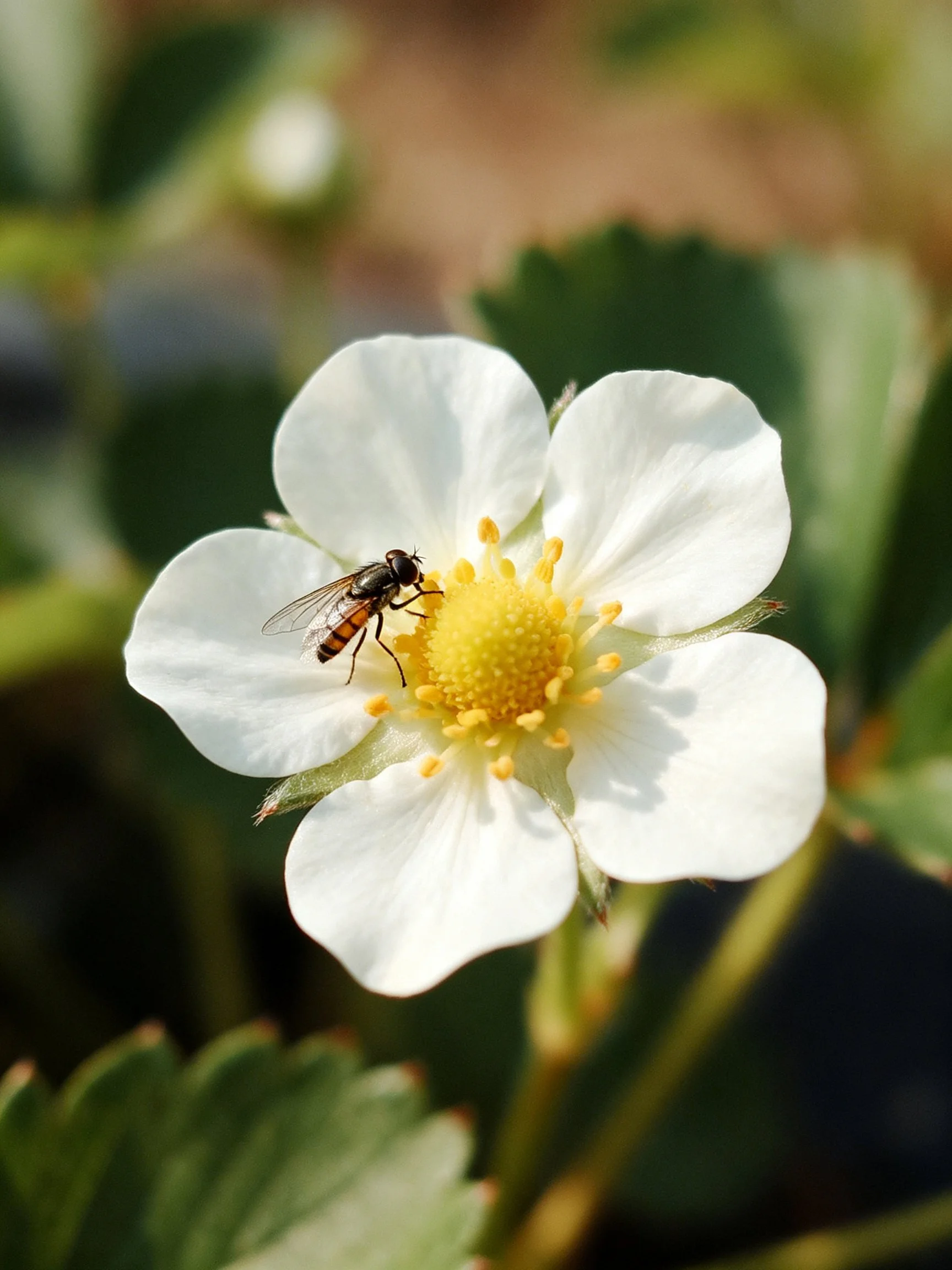 A white five - petaled flower with a hoverfly on its yellow center