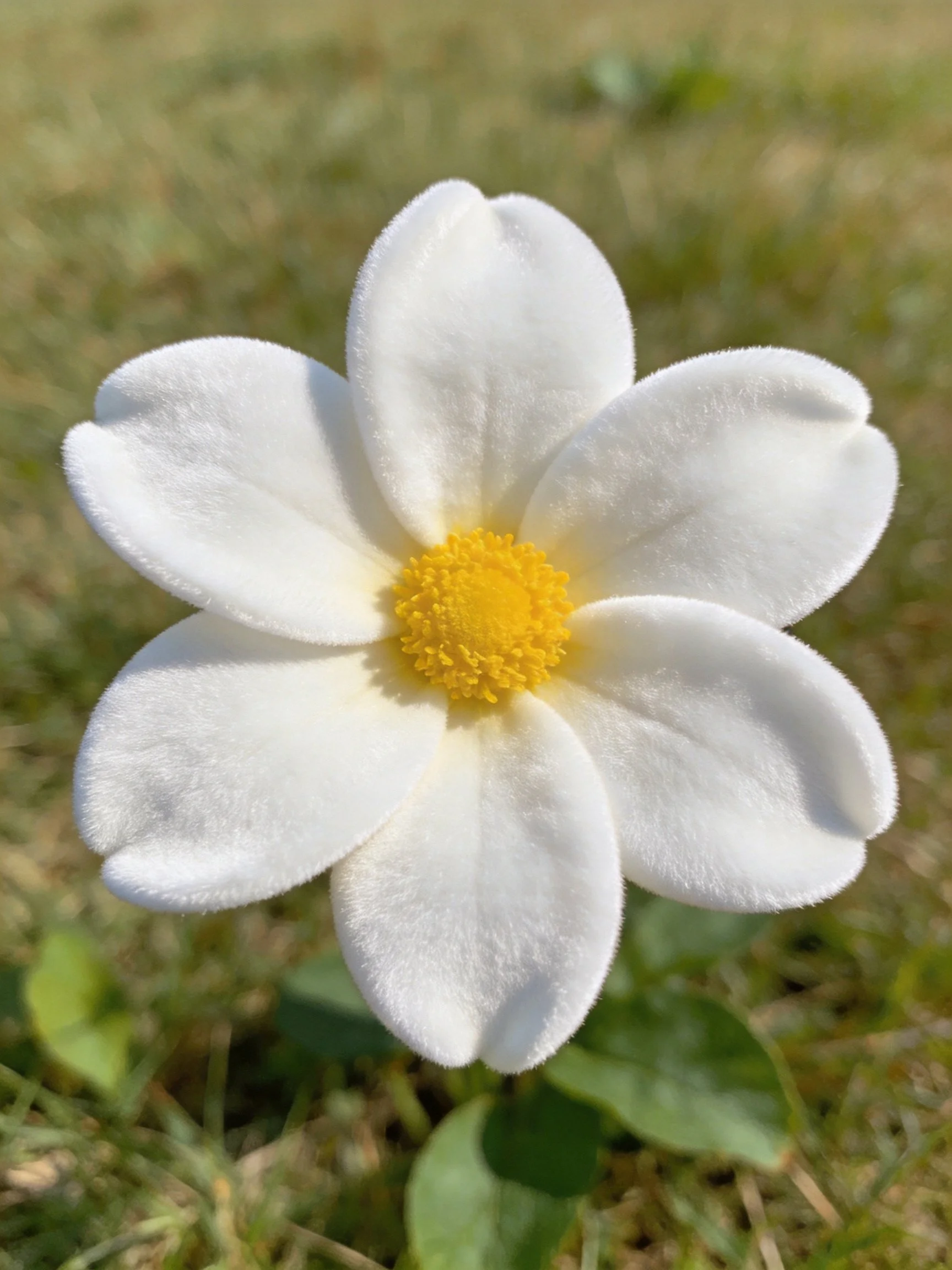 A white five - petaled flower with a yellow center on green foliage
