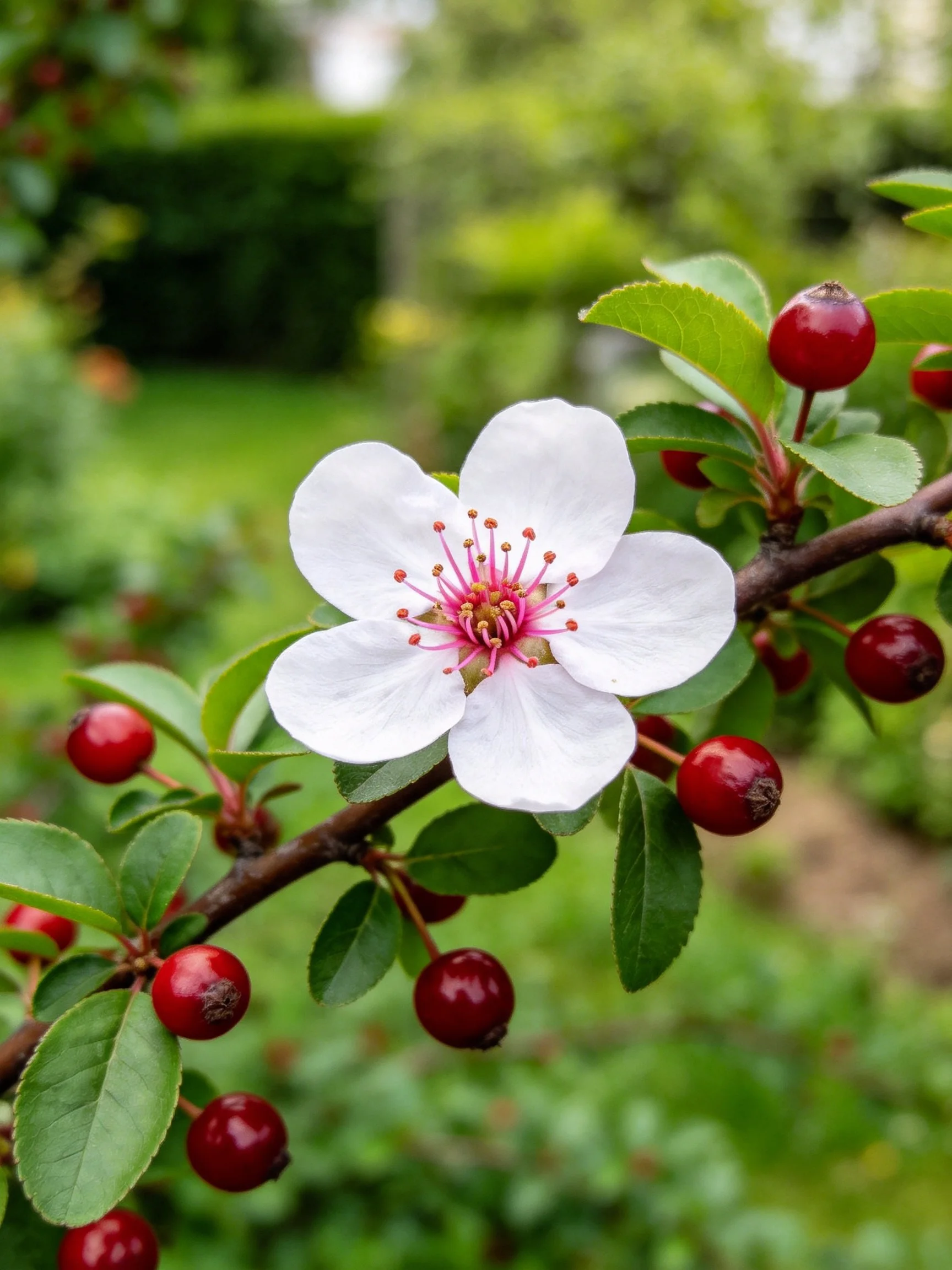 A white five - petaled flower with red berries on a leafy branch