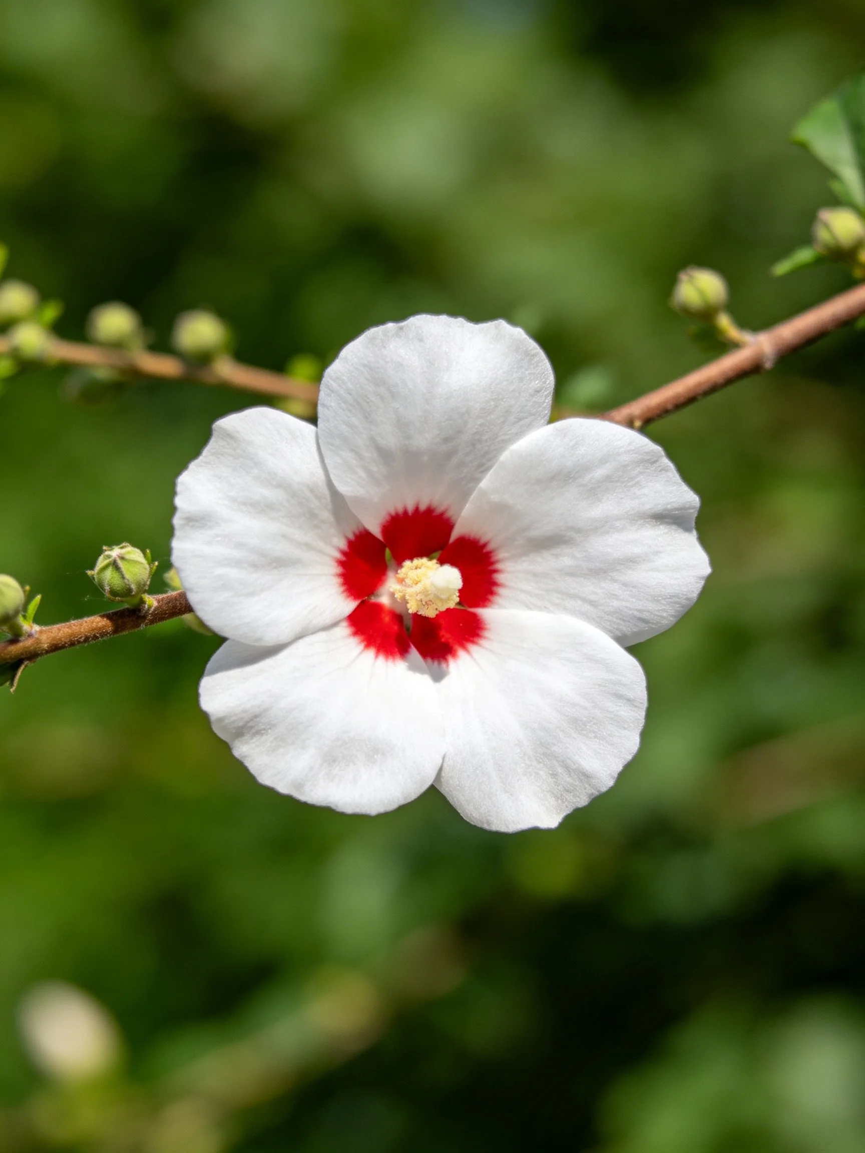 A white five - petaled flower with red center blooms on a branch