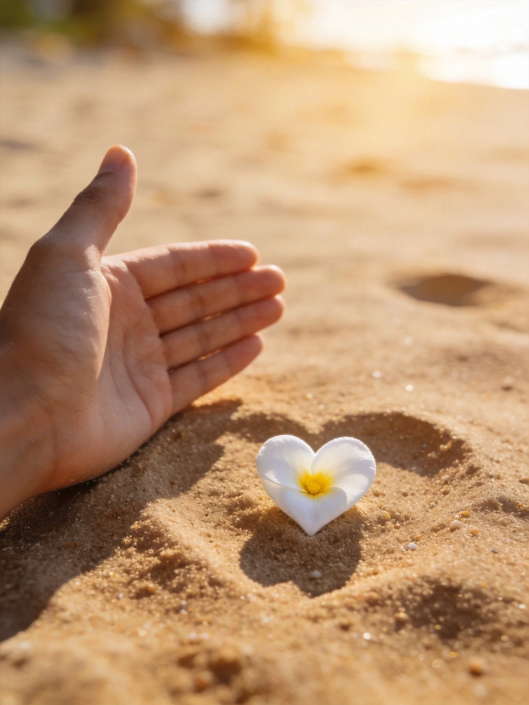 A white flower in a heart - shaped sand design near an outstretched hand