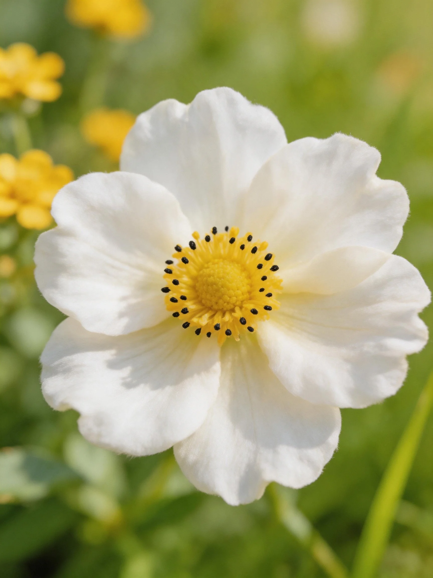 A white flower with a yellow center amid greenery and small yellow flowers