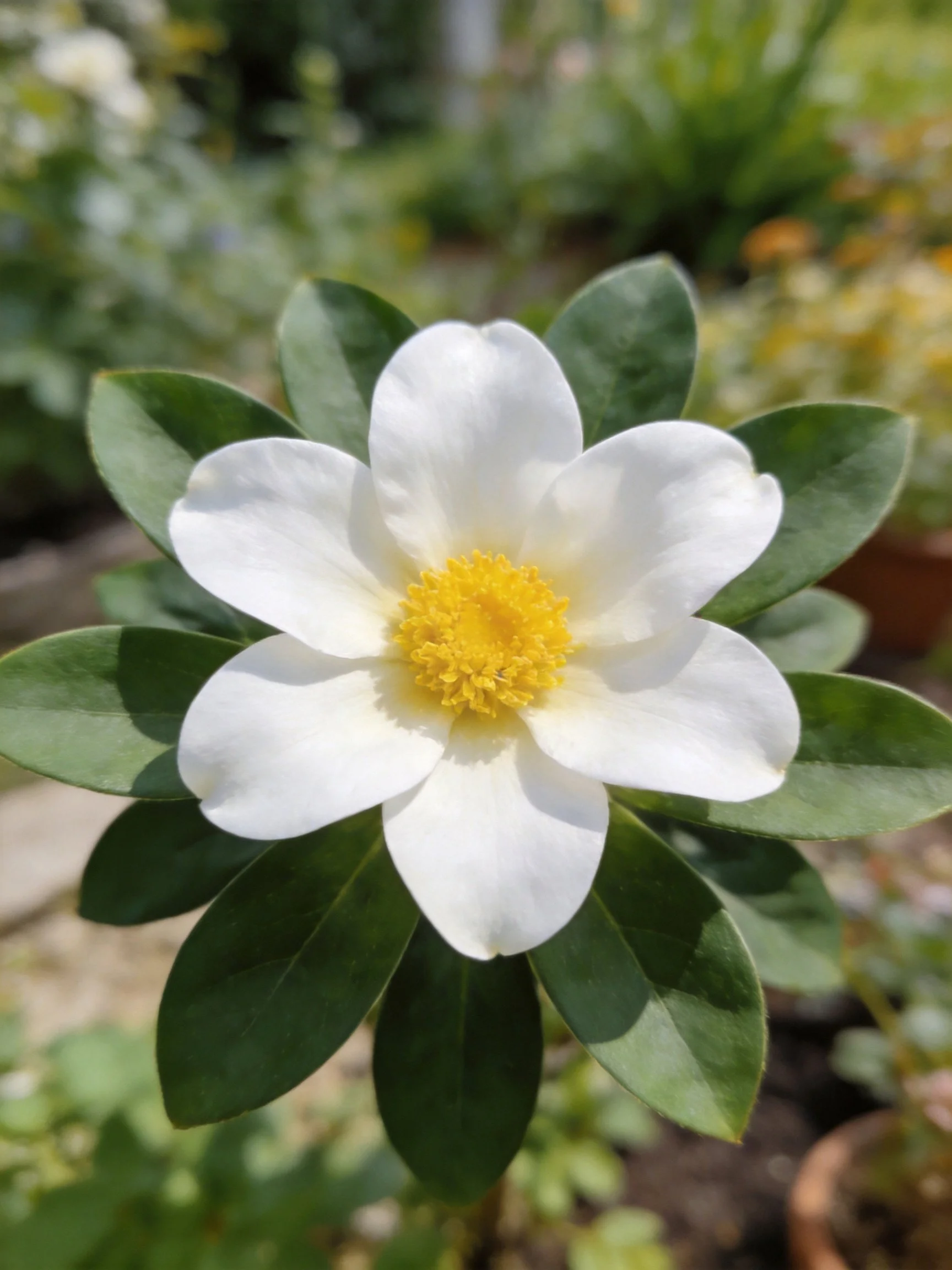 A white flower with a yellow center among green foliage