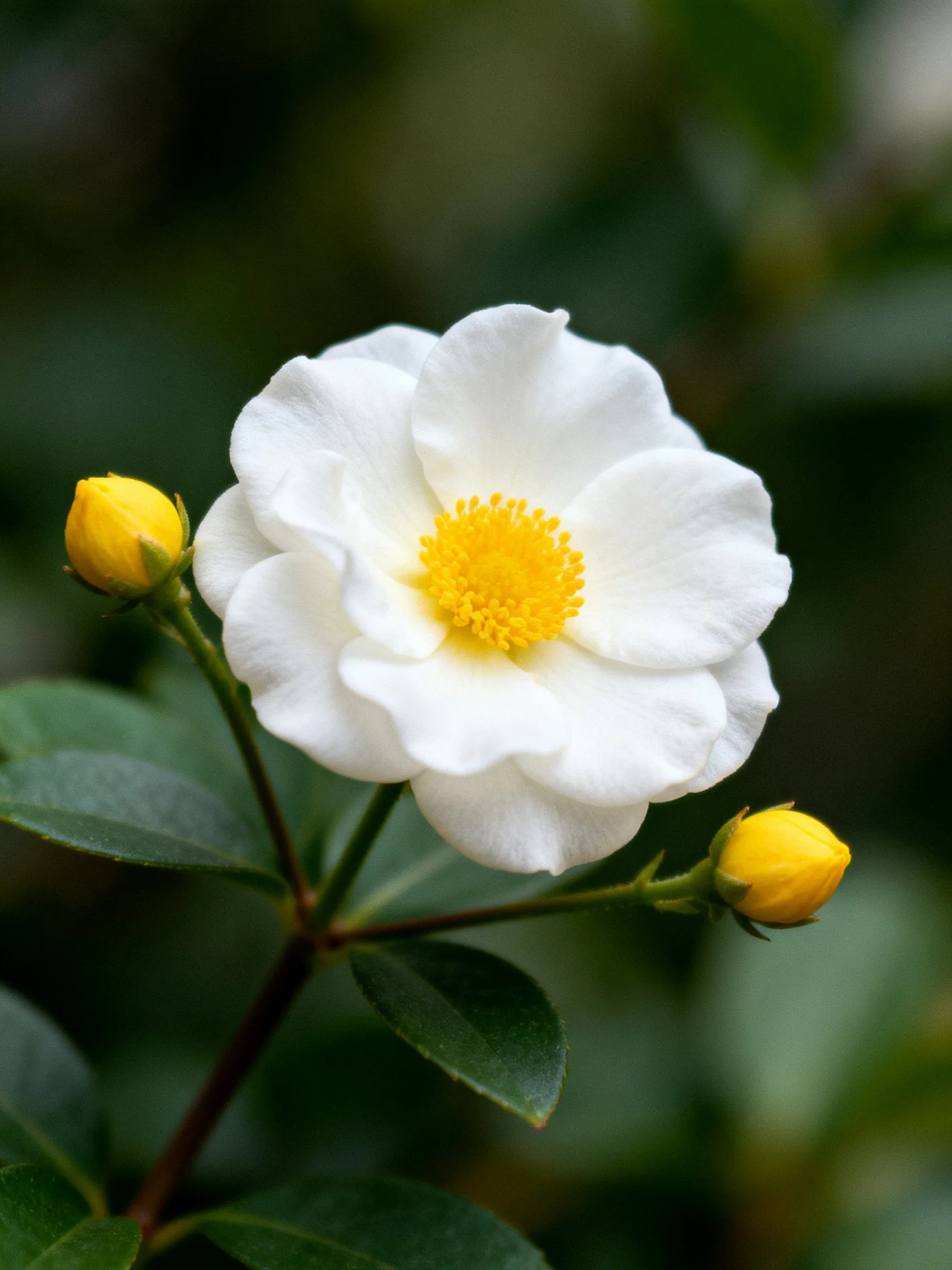 A white flower with a yellow center and two yellow buds among green foliage