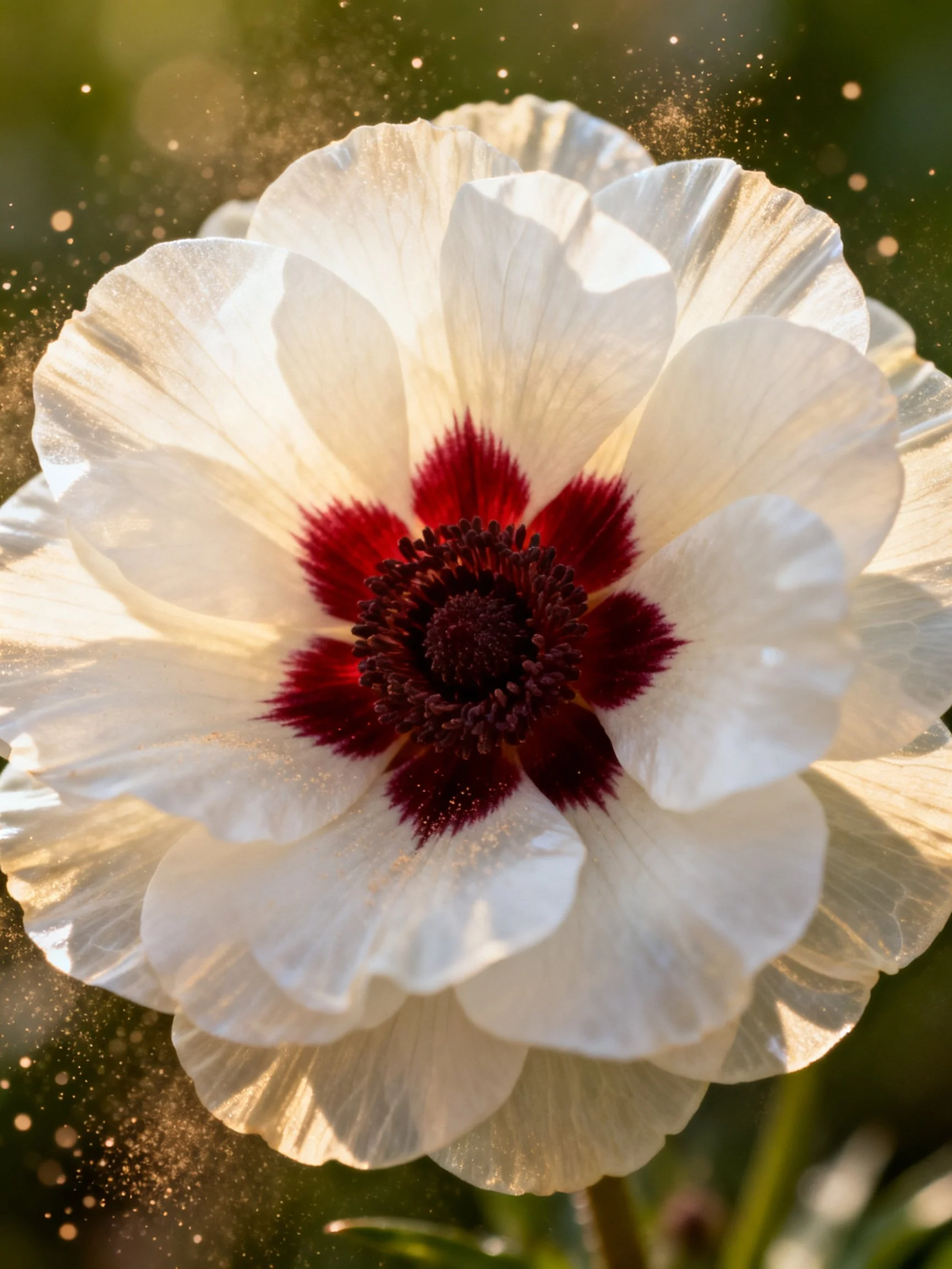 A white flower with bold red center, glowing amid golden particles
