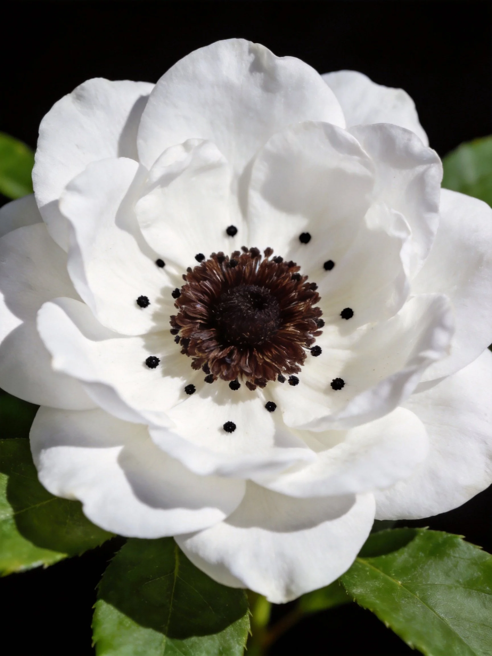 A white flower with layered petals and dark central core