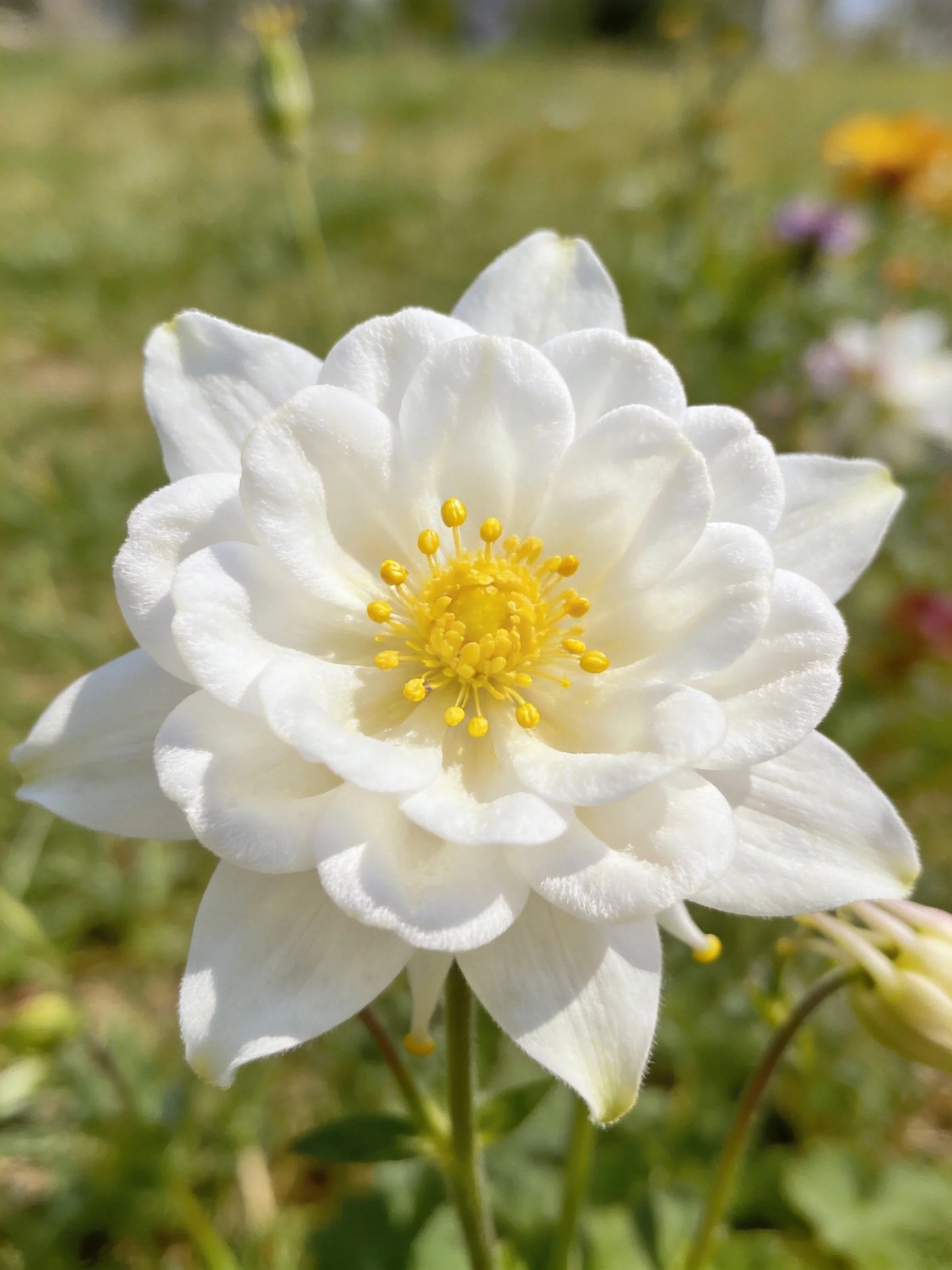 A white flower with layered petals and yellow center