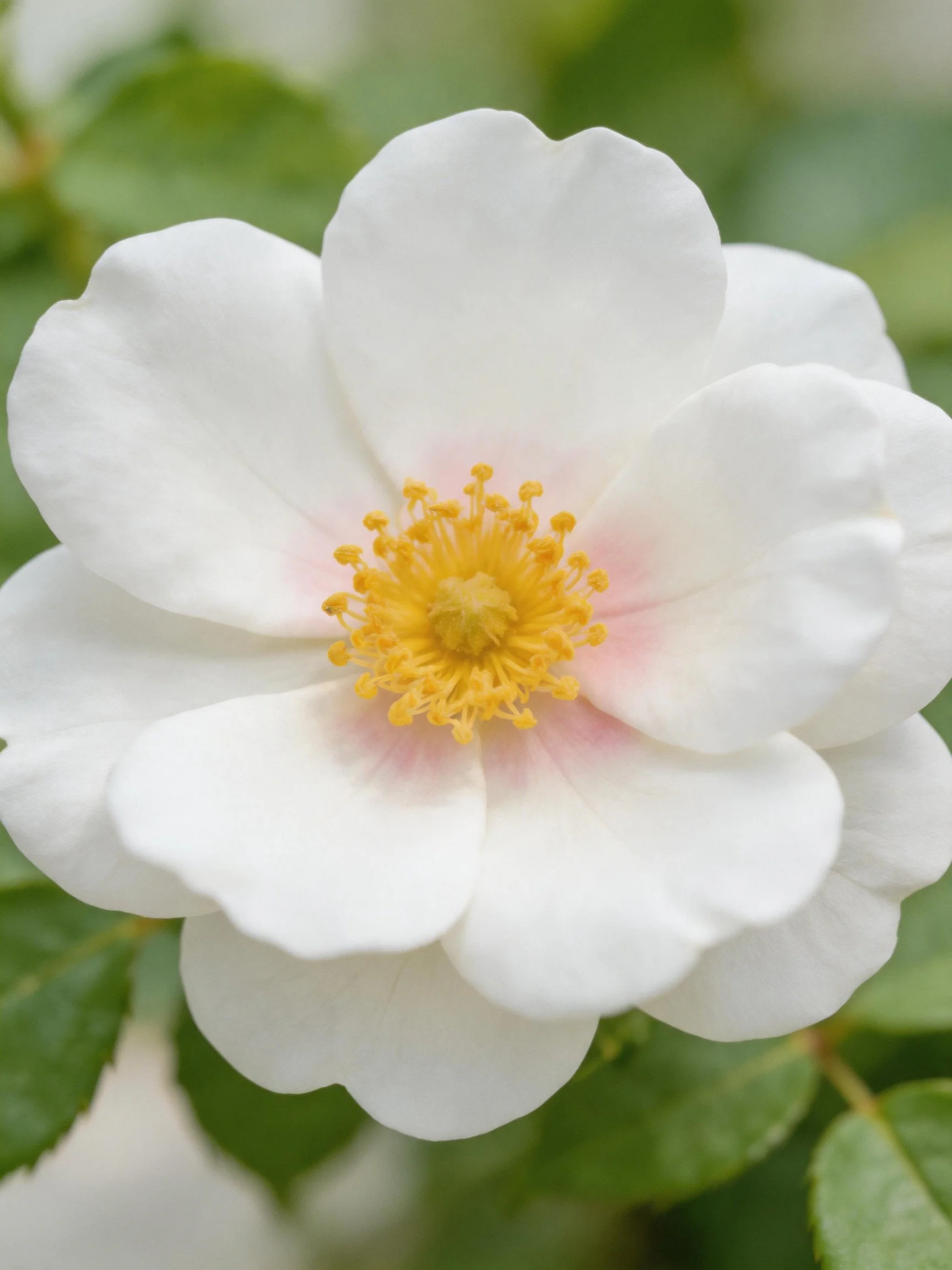A white flower with pink accents and golden center