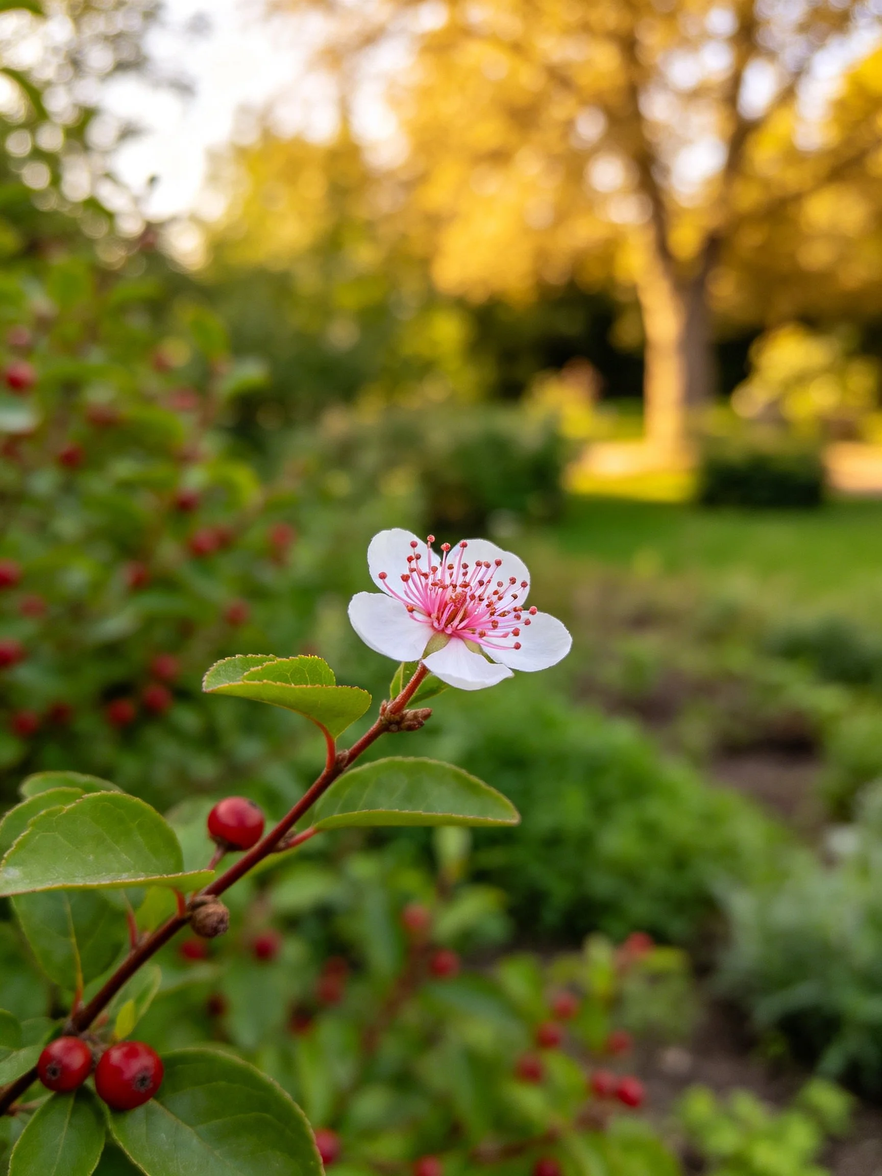 A white flower with pink center near red berries in sunlit garden