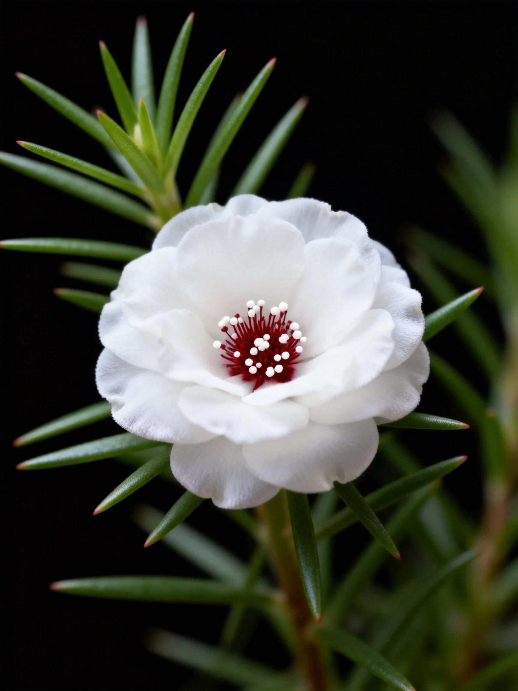 A white flower with red center amidst pointed green foliage