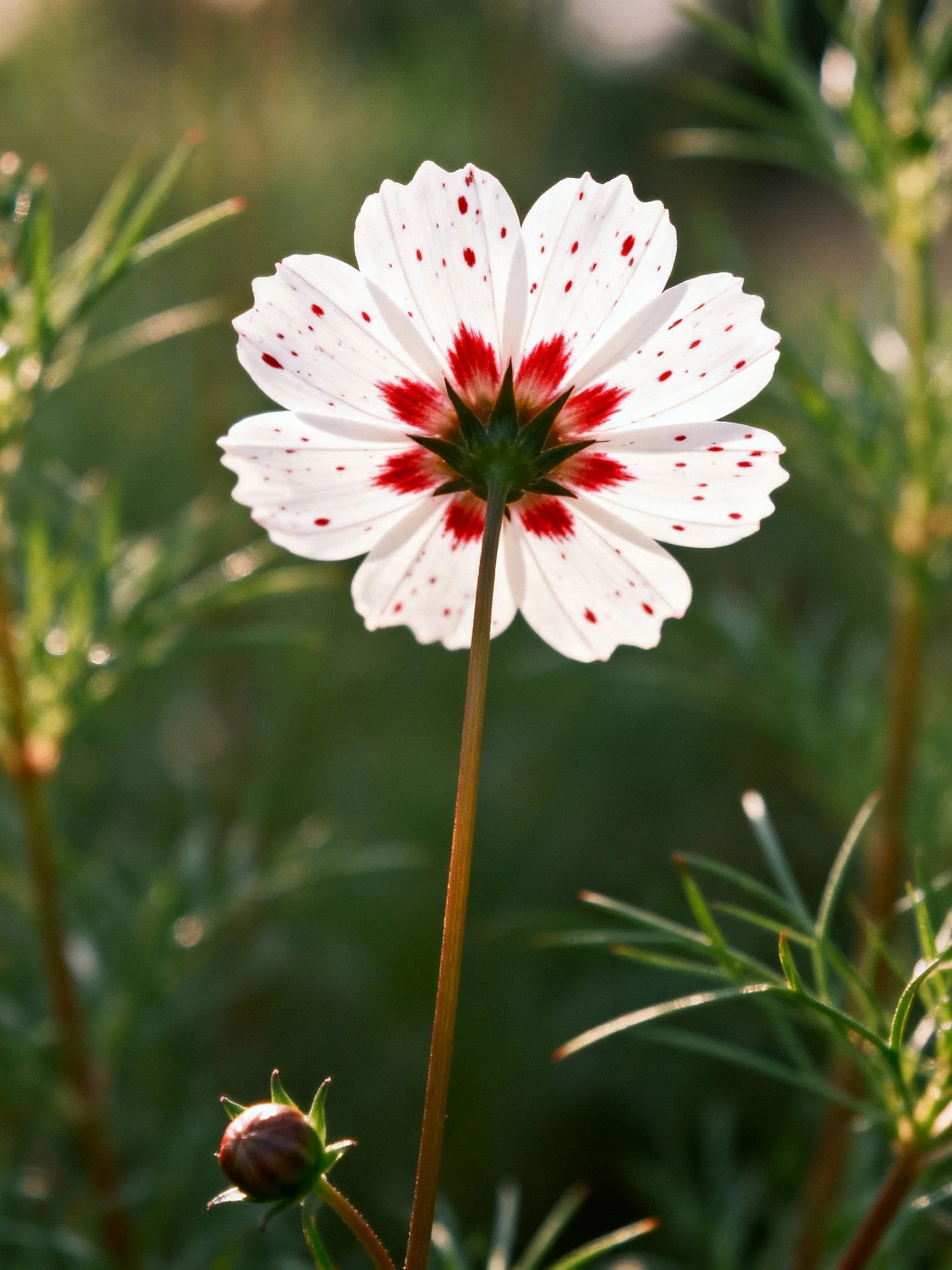 A white flower with red markings amid green foliage