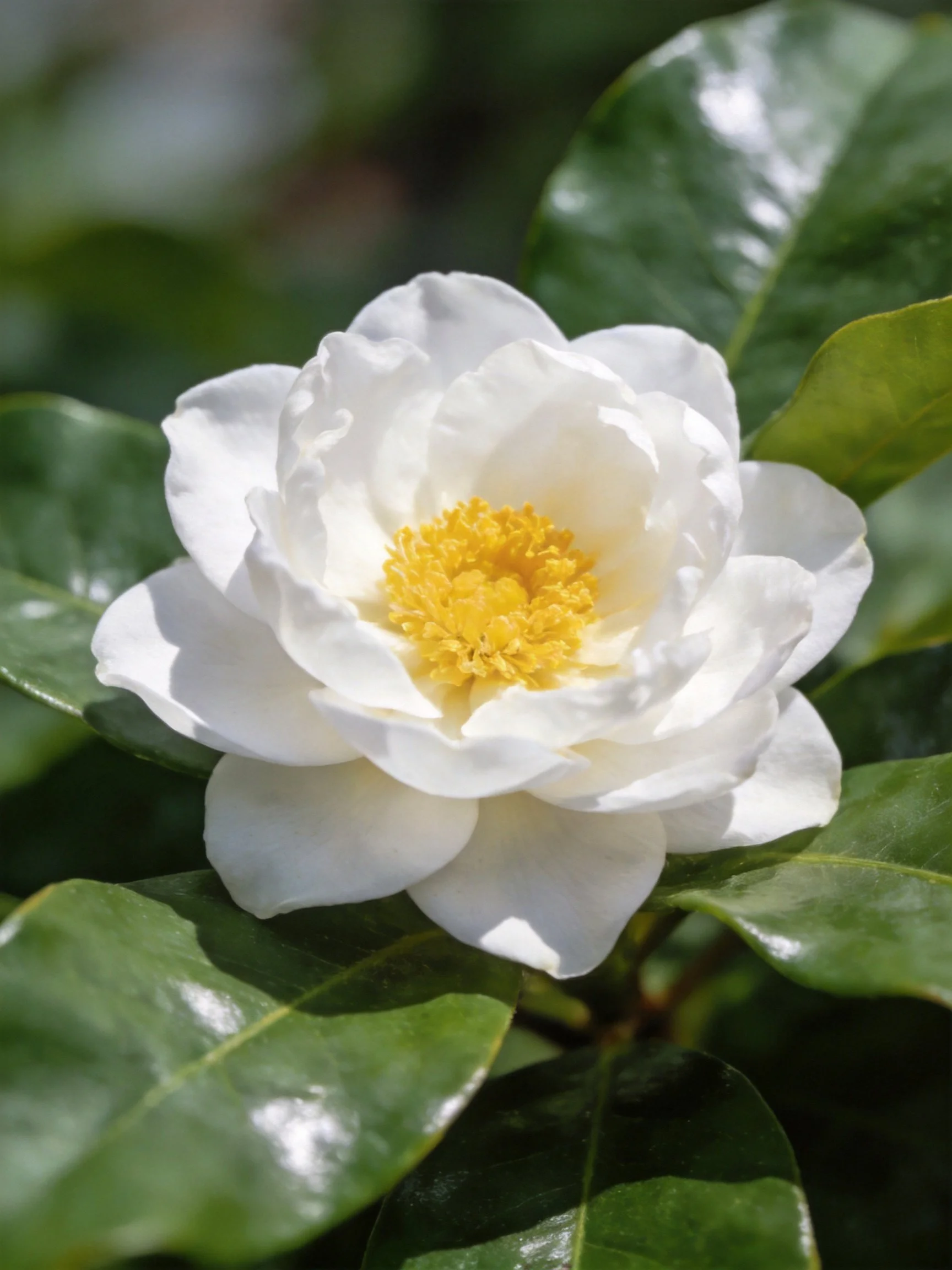 A white flower with yellow center among glossy green leaves