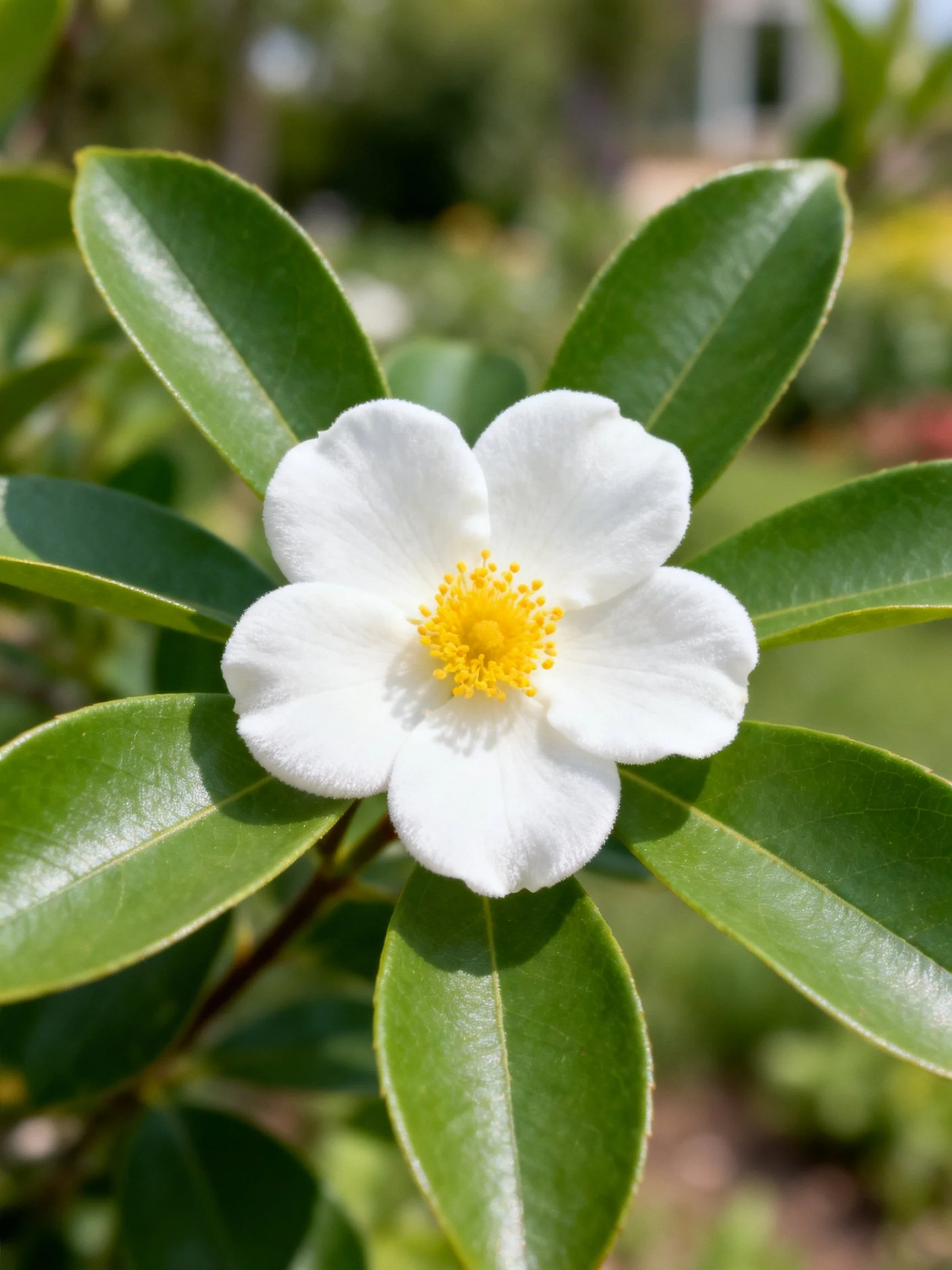 A white flower with yellow center among glossy green leaves