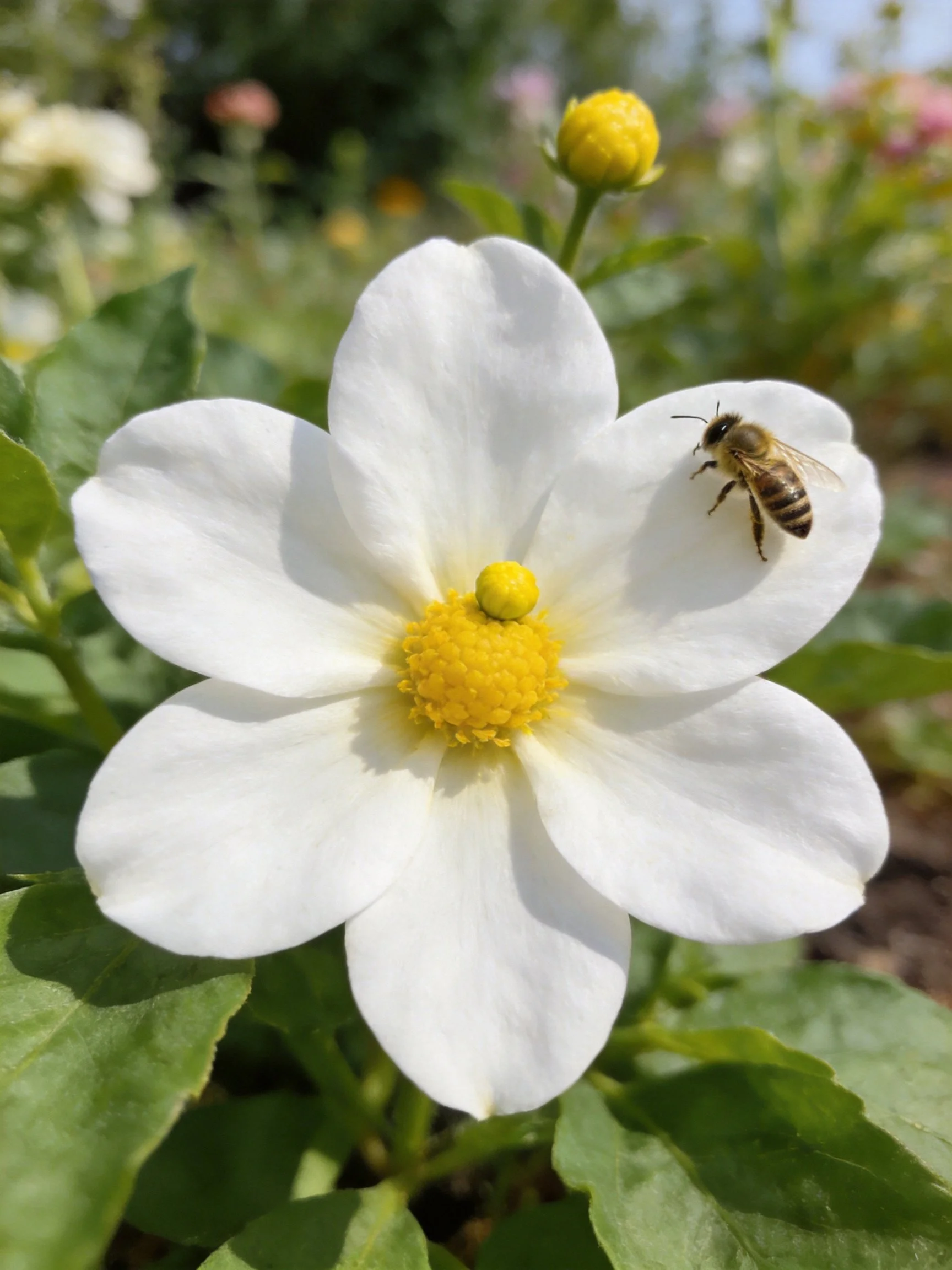 A white flower with yellow center has a bee on its petal