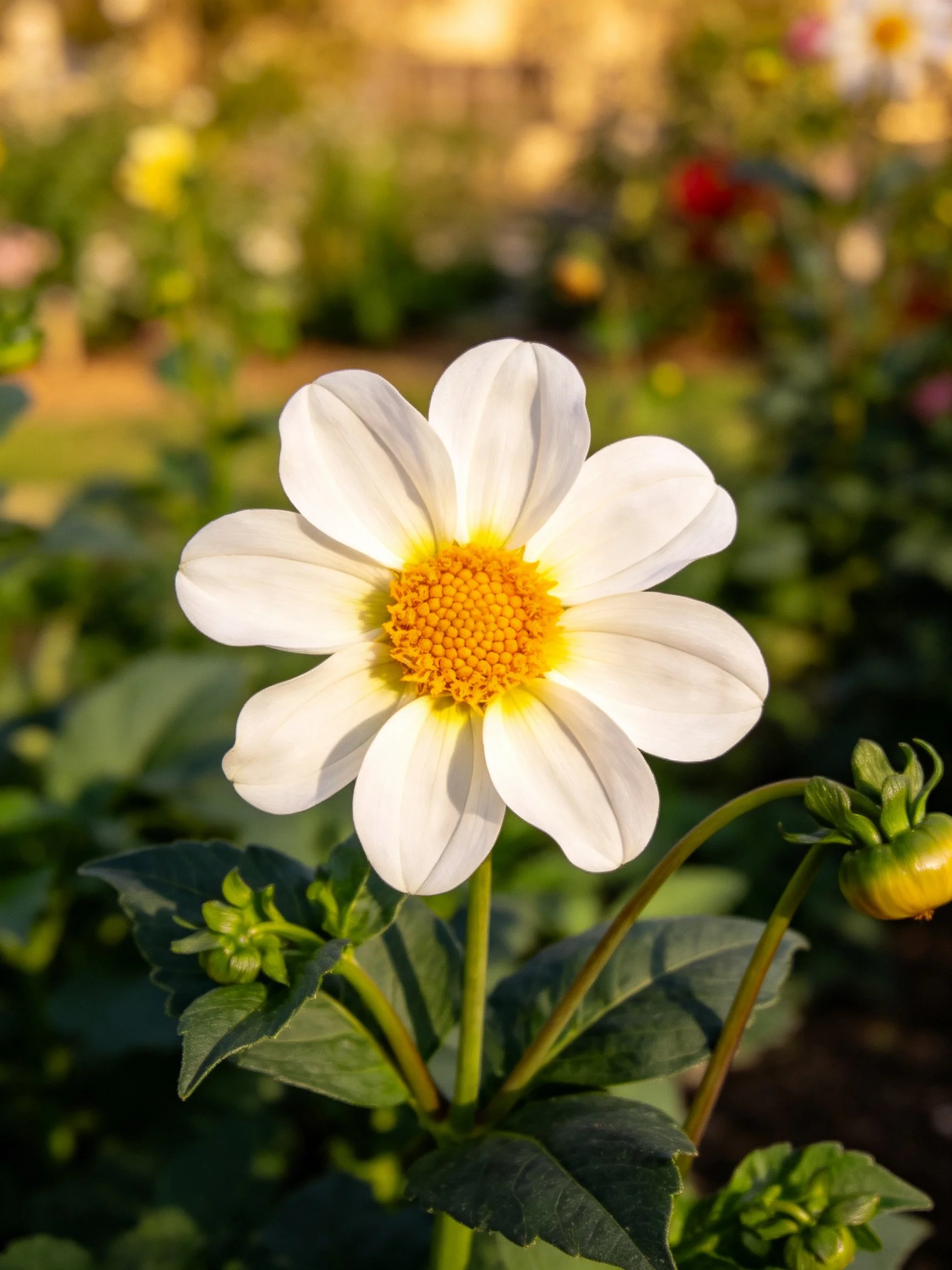 A white flower with yellow center surrounded by green foliage