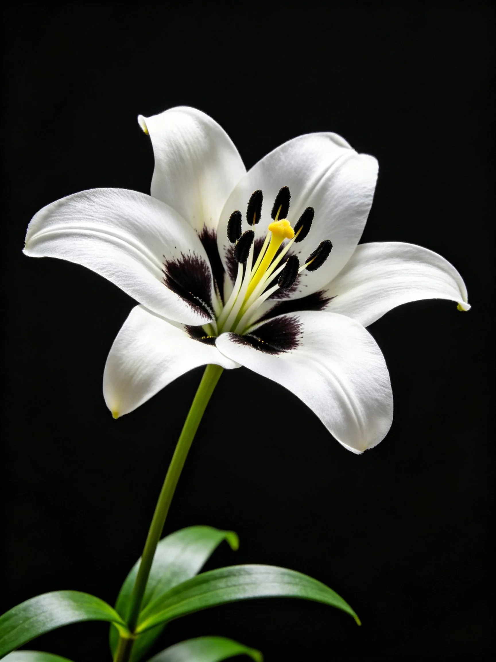 A white lily with bold black markings against a dark backdrop