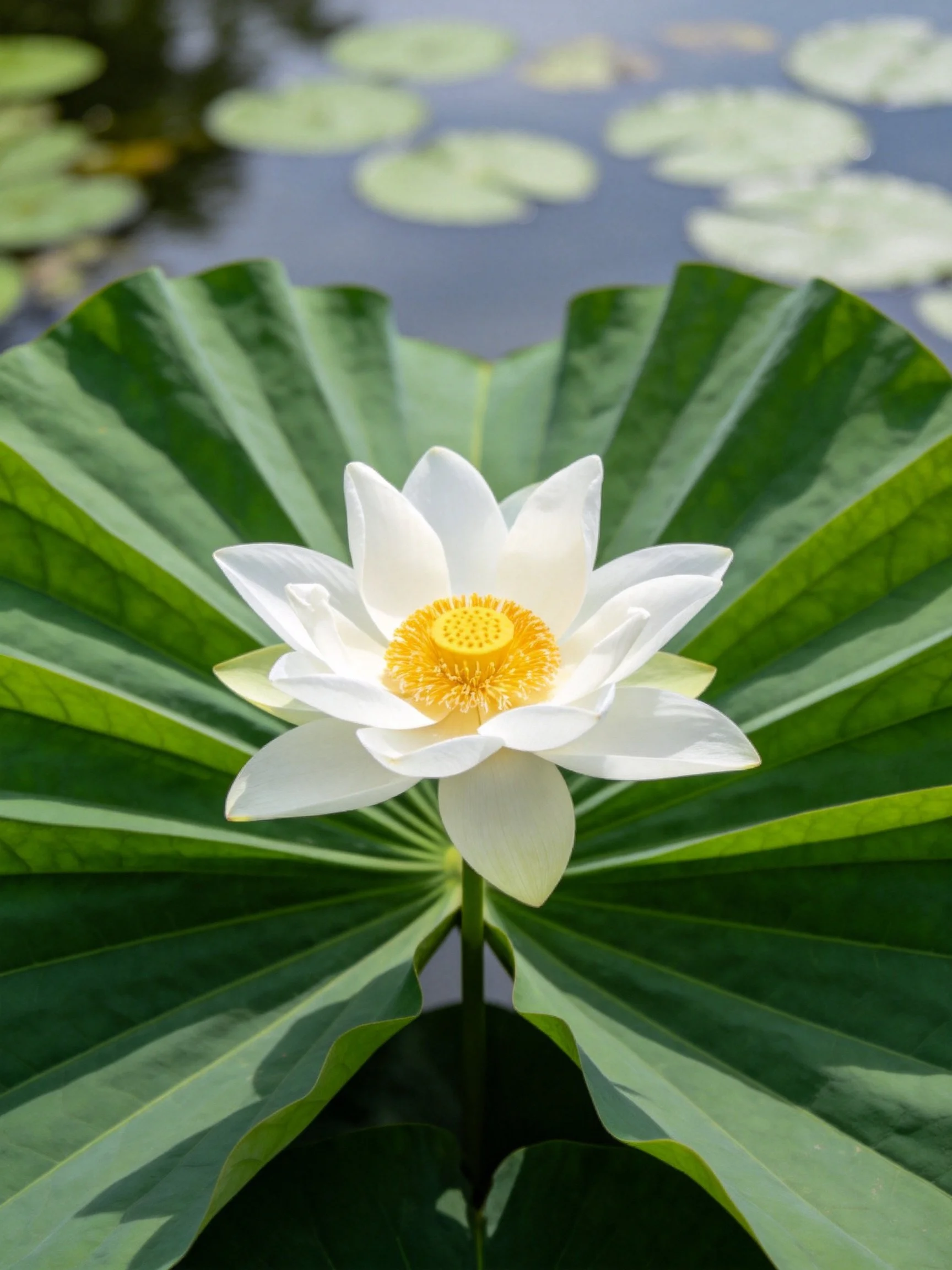 A white lotus flower blooms atop a large green lily pad