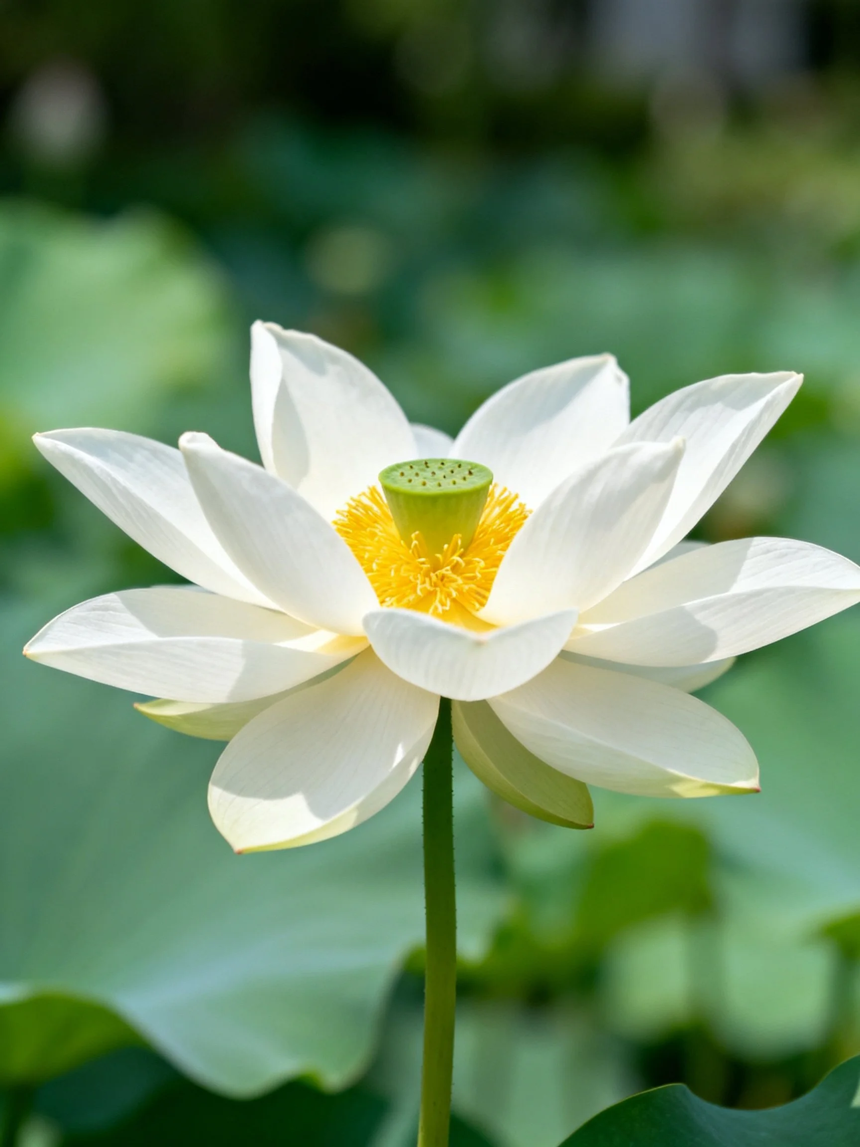 A white lotus with golden center blooms among green leaves