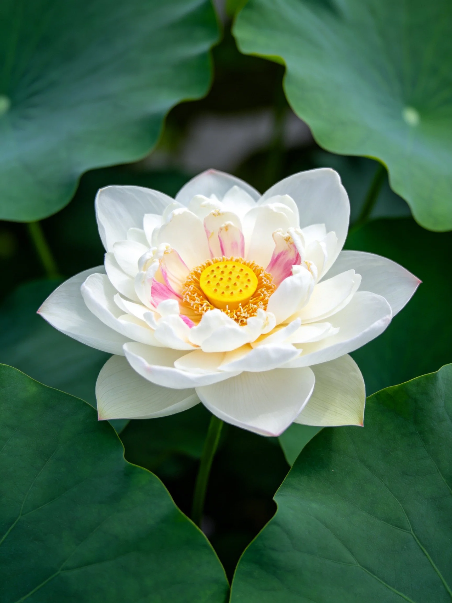 A white lotus with pink accents blooms among large green leaves