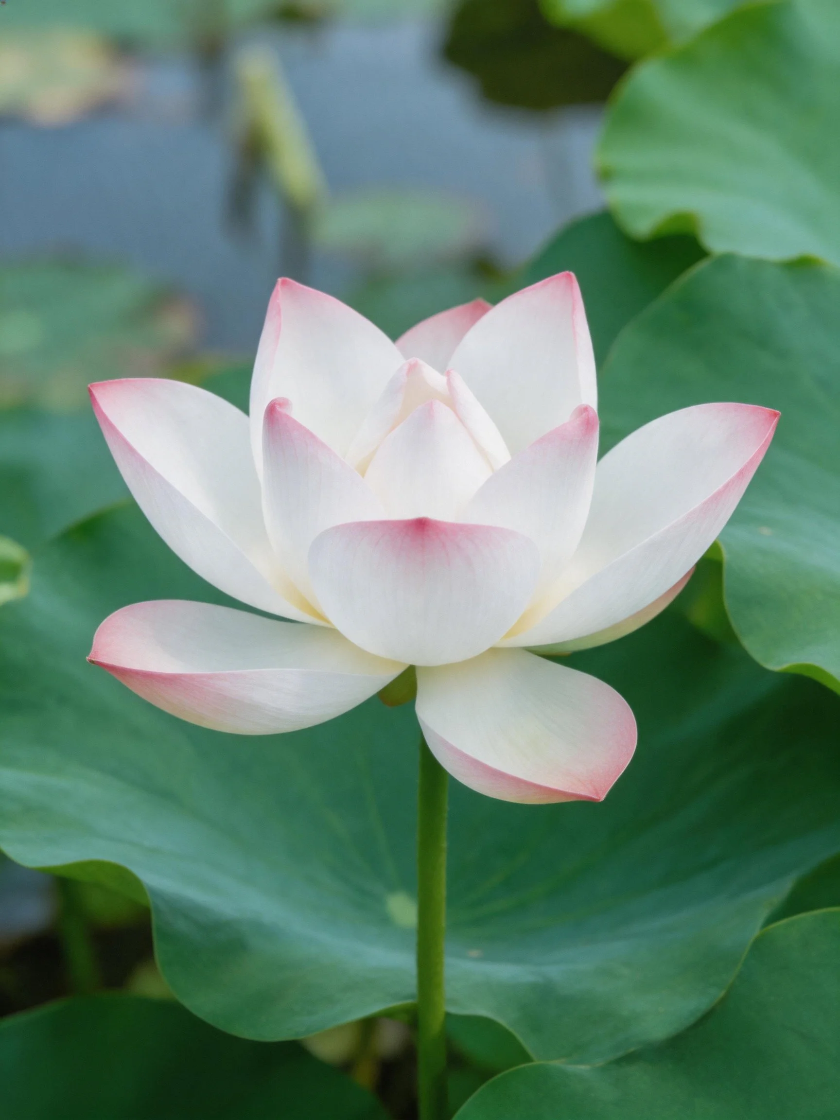 A white lotus with pink-tipped petals amid large green leaves