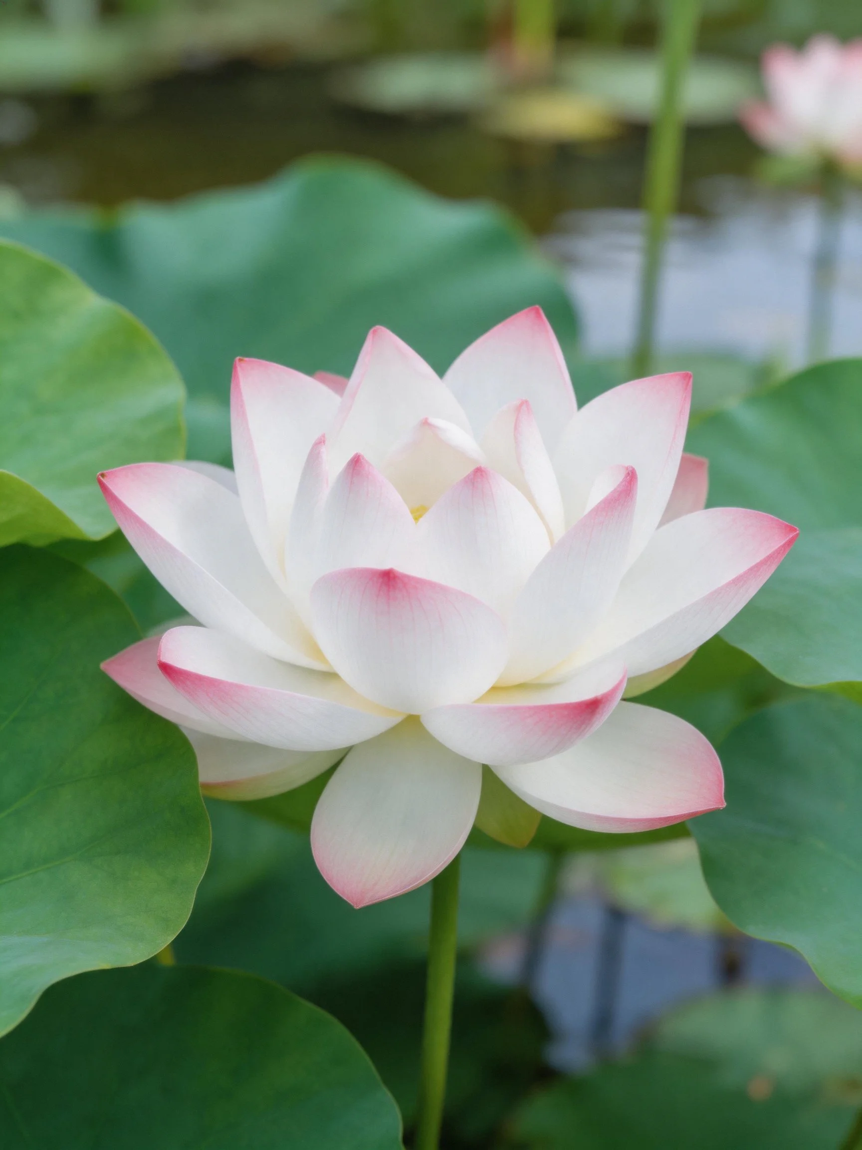 A white lotus with pink-tipped petals among large green leaves