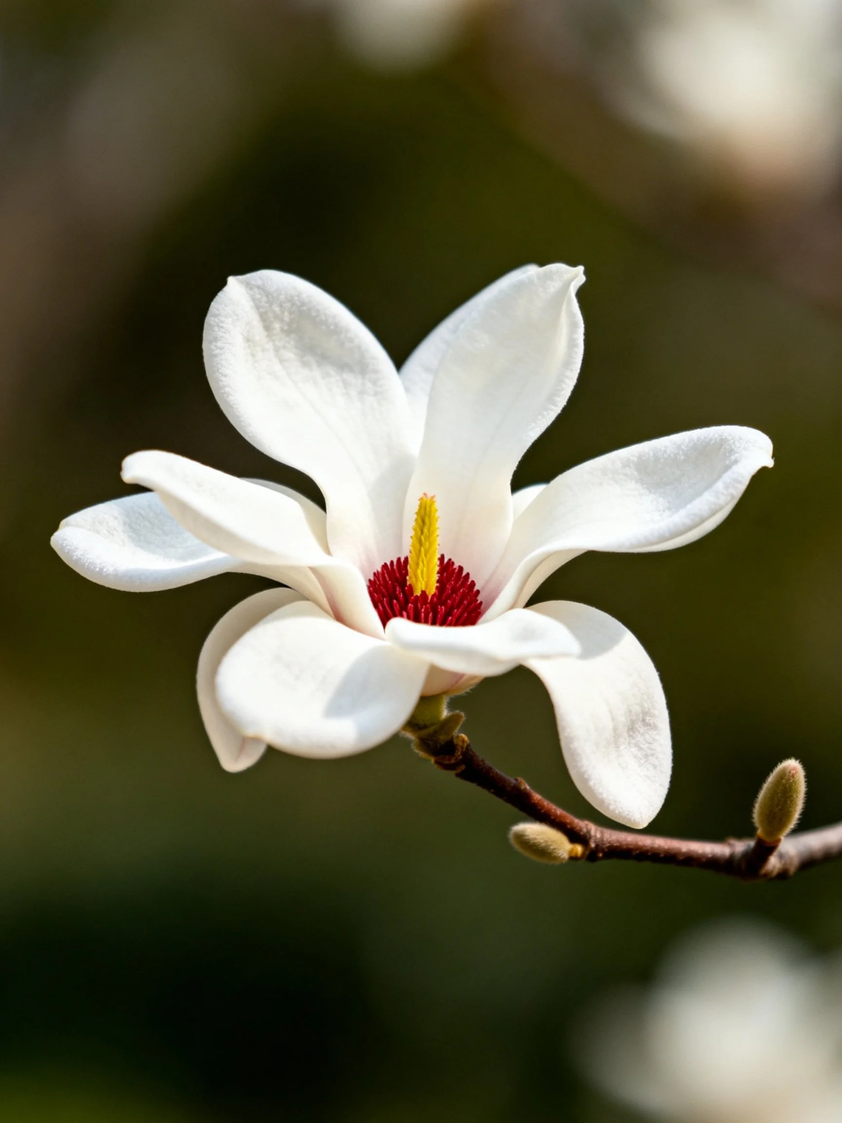 A white magnolia flower with red and yellow center