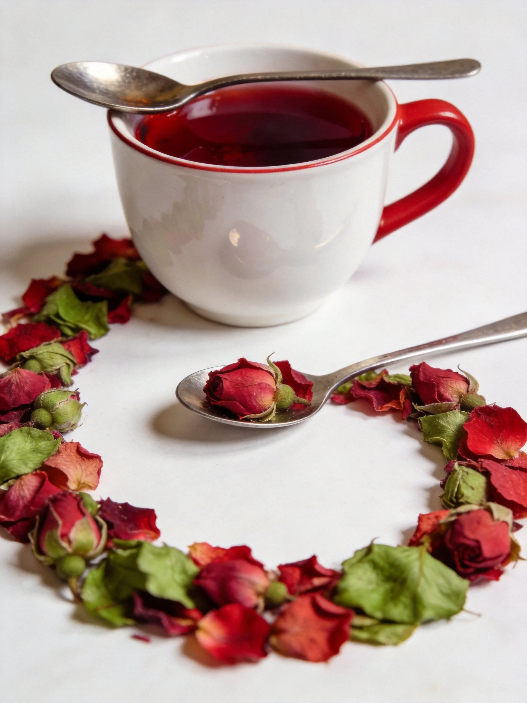 A white mug with red handle holds dark tea, rose petals form a circle