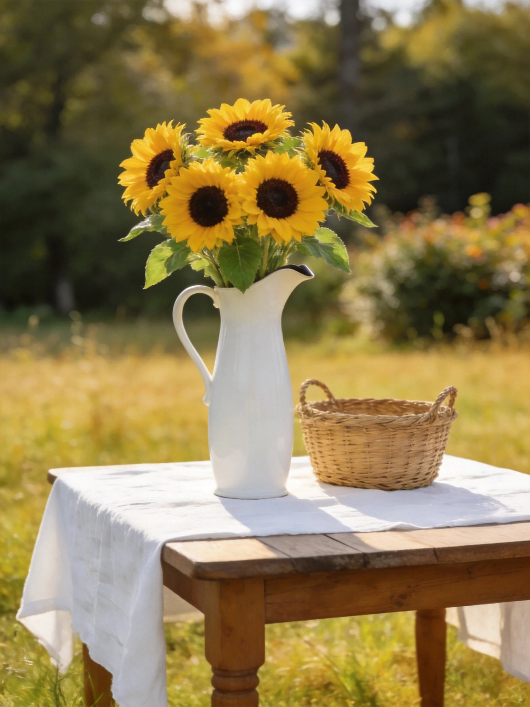 A white pitcher holds six sunflowers beside a wicker basket on a wooden table