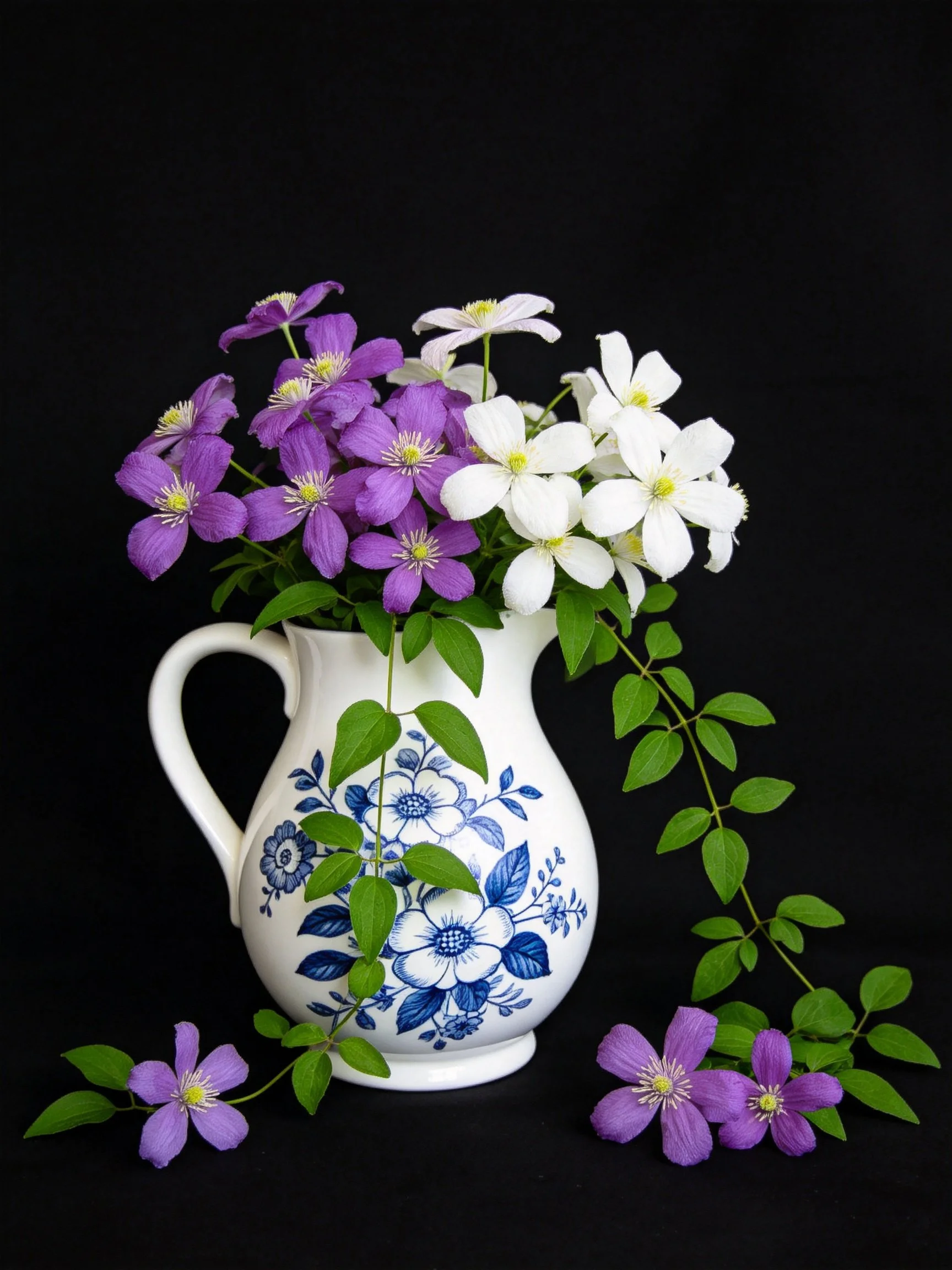 A white pitcher with blue floral patterns holds purple and white flowers
