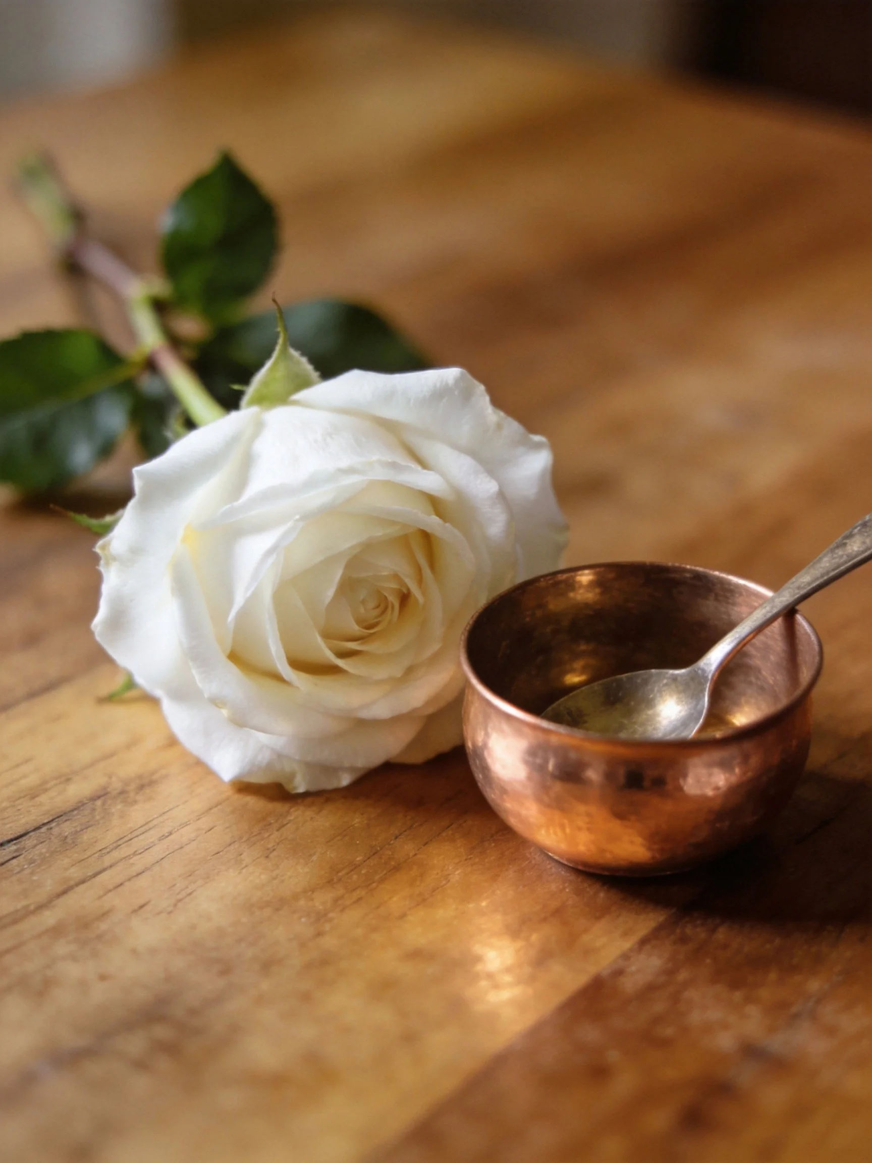 A white rose beside a small copper bowl on a wooden table